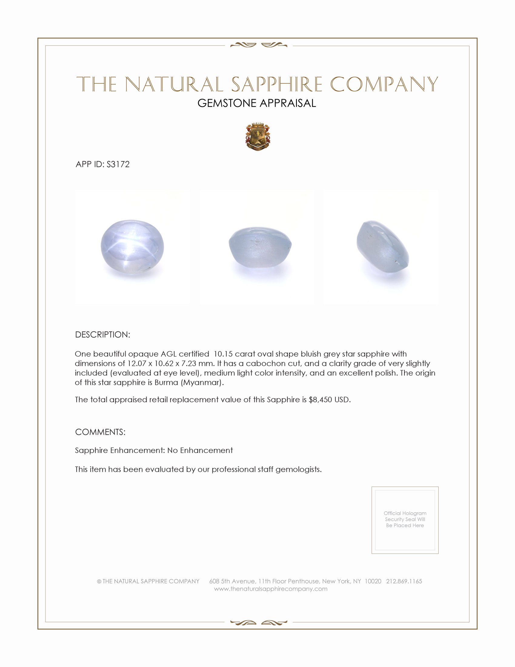 10.15 Ct. Bluish Grey Star Sapphire from Burma (Myanmar)