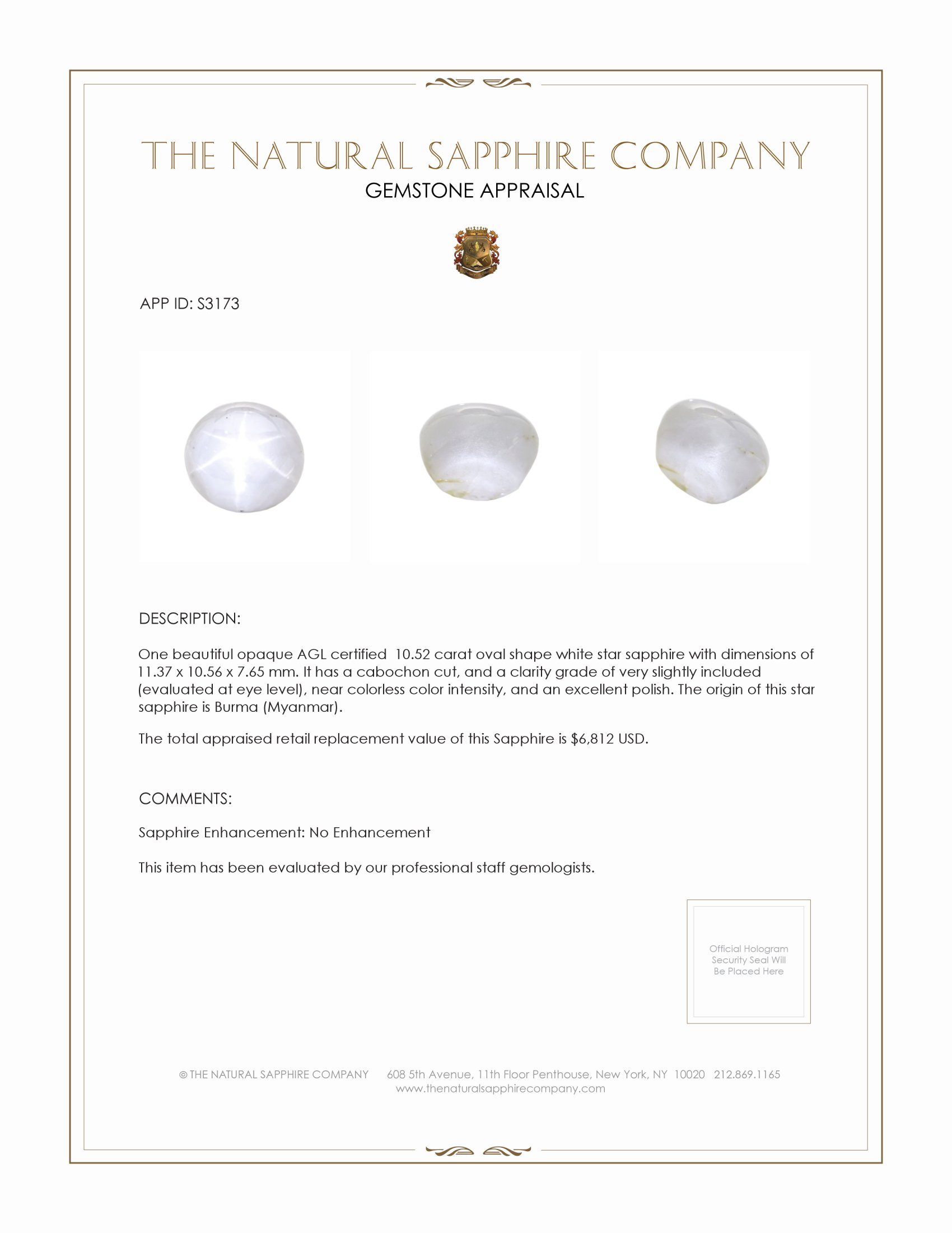 10.52 Ct. White Star Sapphire from Burma (Myanmar)