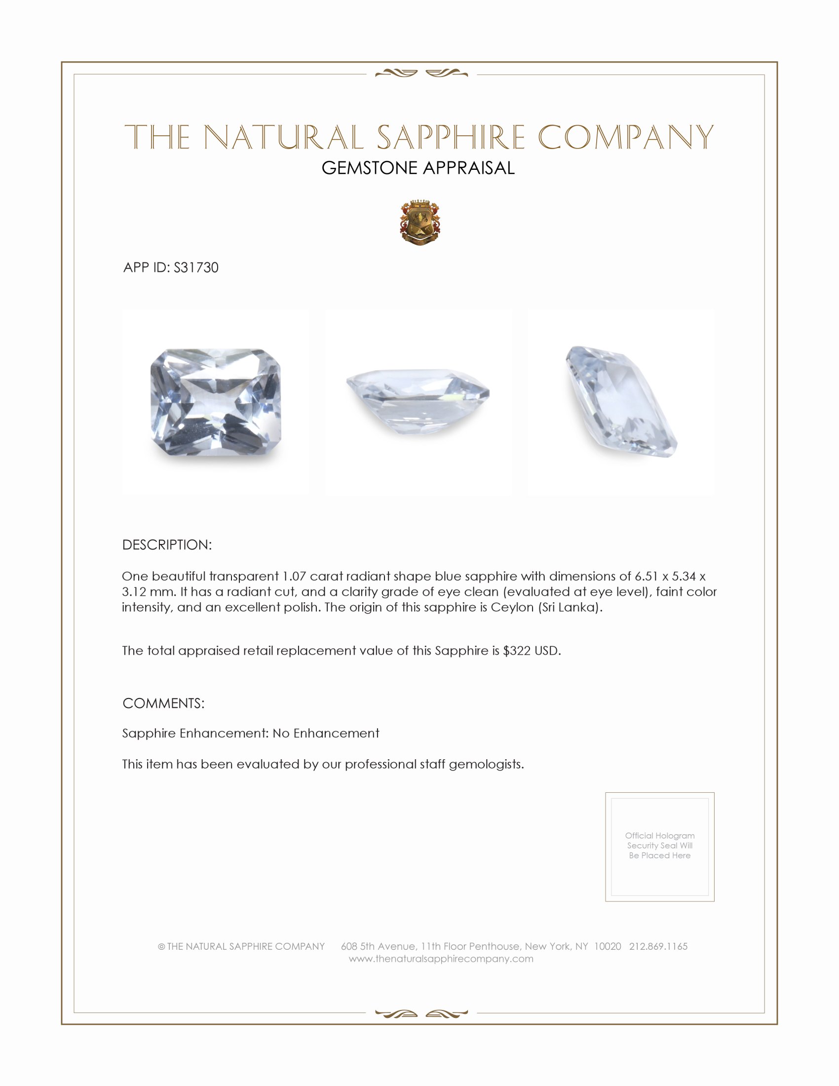 1.07 Ct. Blue Sapphire from Ceylon (Sri Lanka)