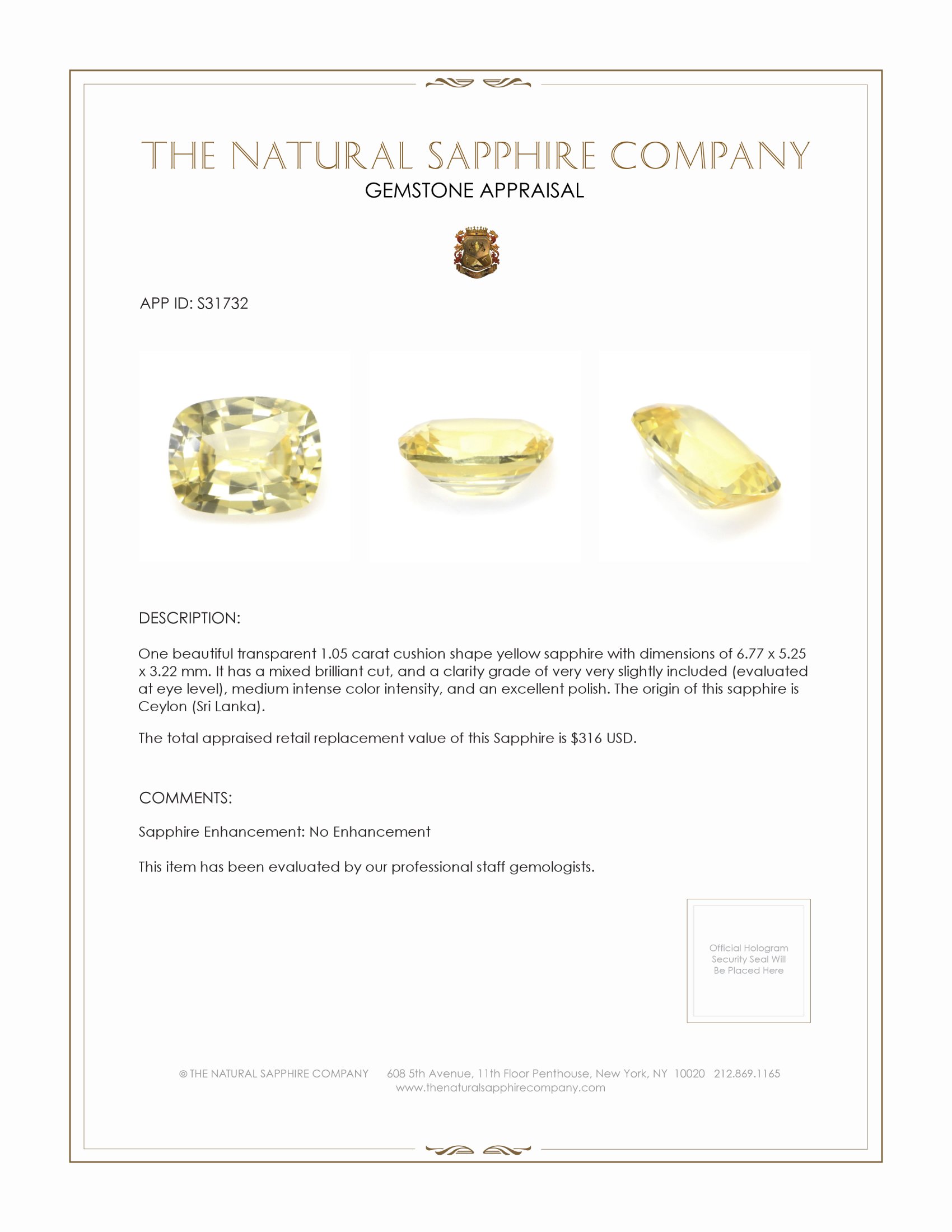 1.05 Ct. Yellow Sapphire from Ceylon (Sri Lanka)