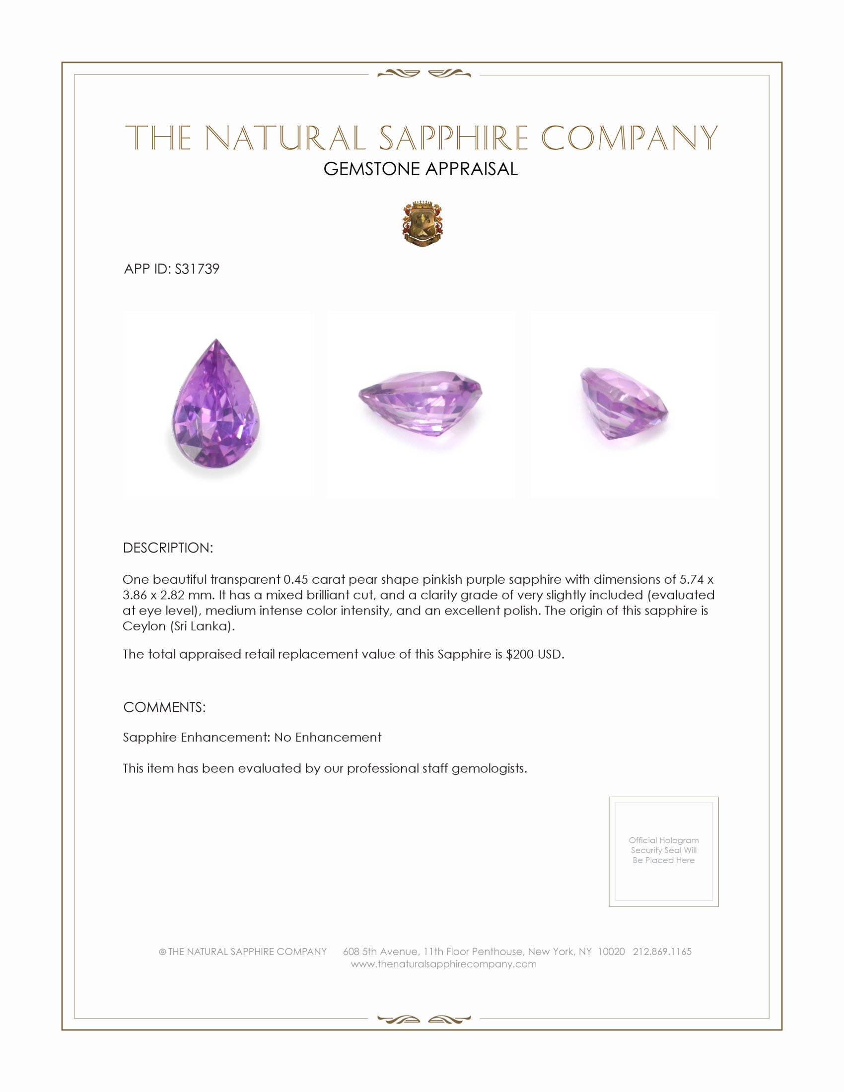 0.45 Ct. Pinkish Purple Sapphire from Ceylon (Sri Lanka)