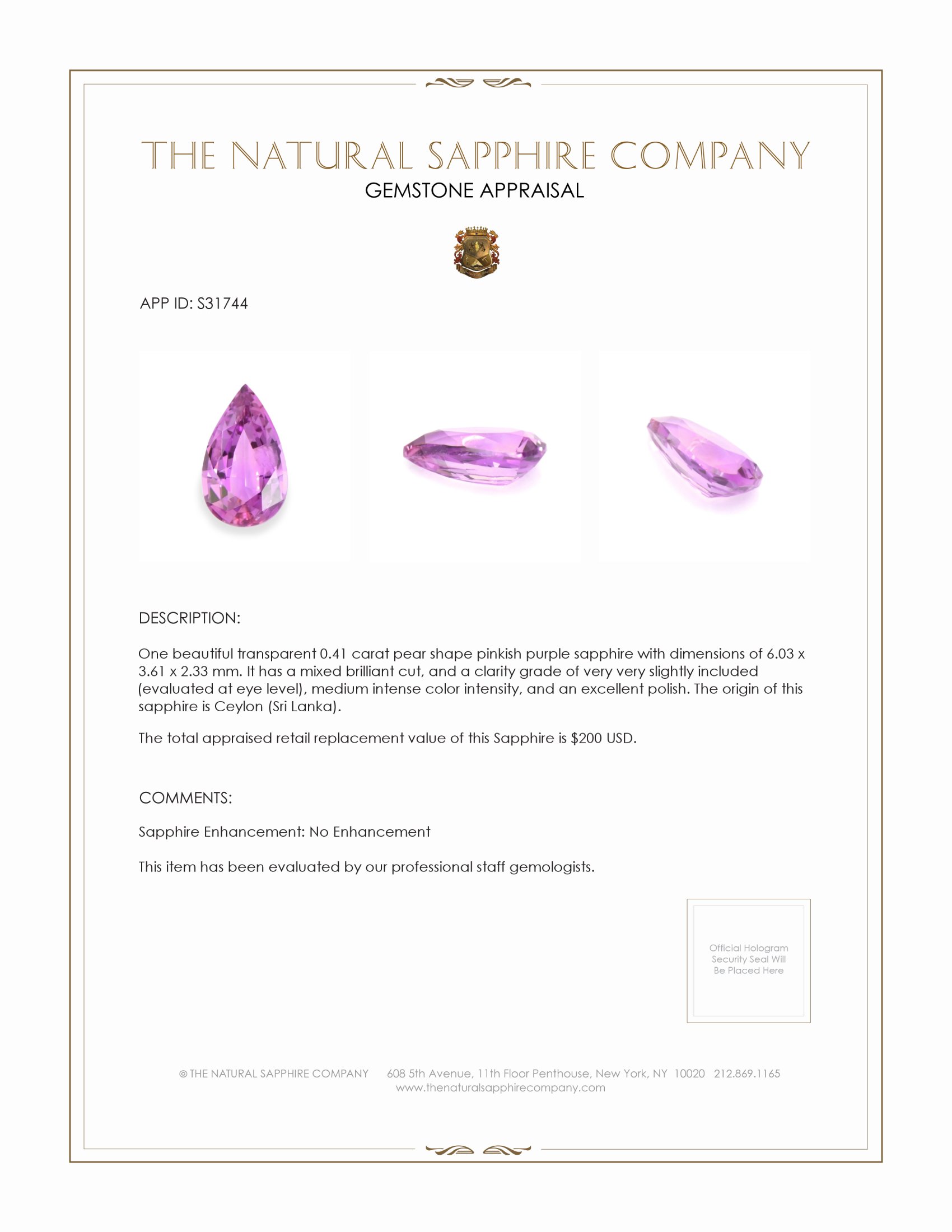0.41 Ct. Pinkish Purple Sapphire from Ceylon (Sri Lanka)