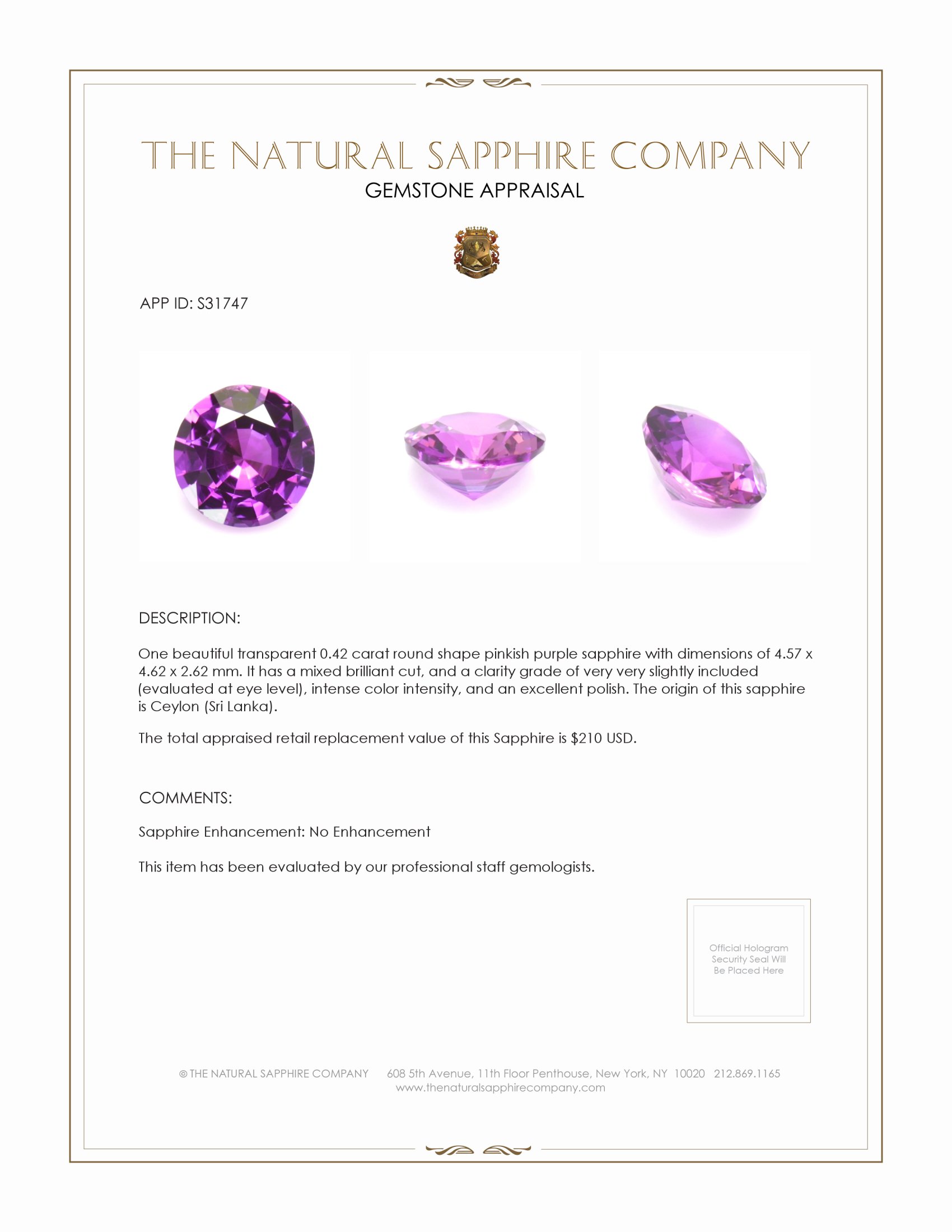 0.42 Ct. Pinkish Purple Sapphire from Ceylon (Sri Lanka)