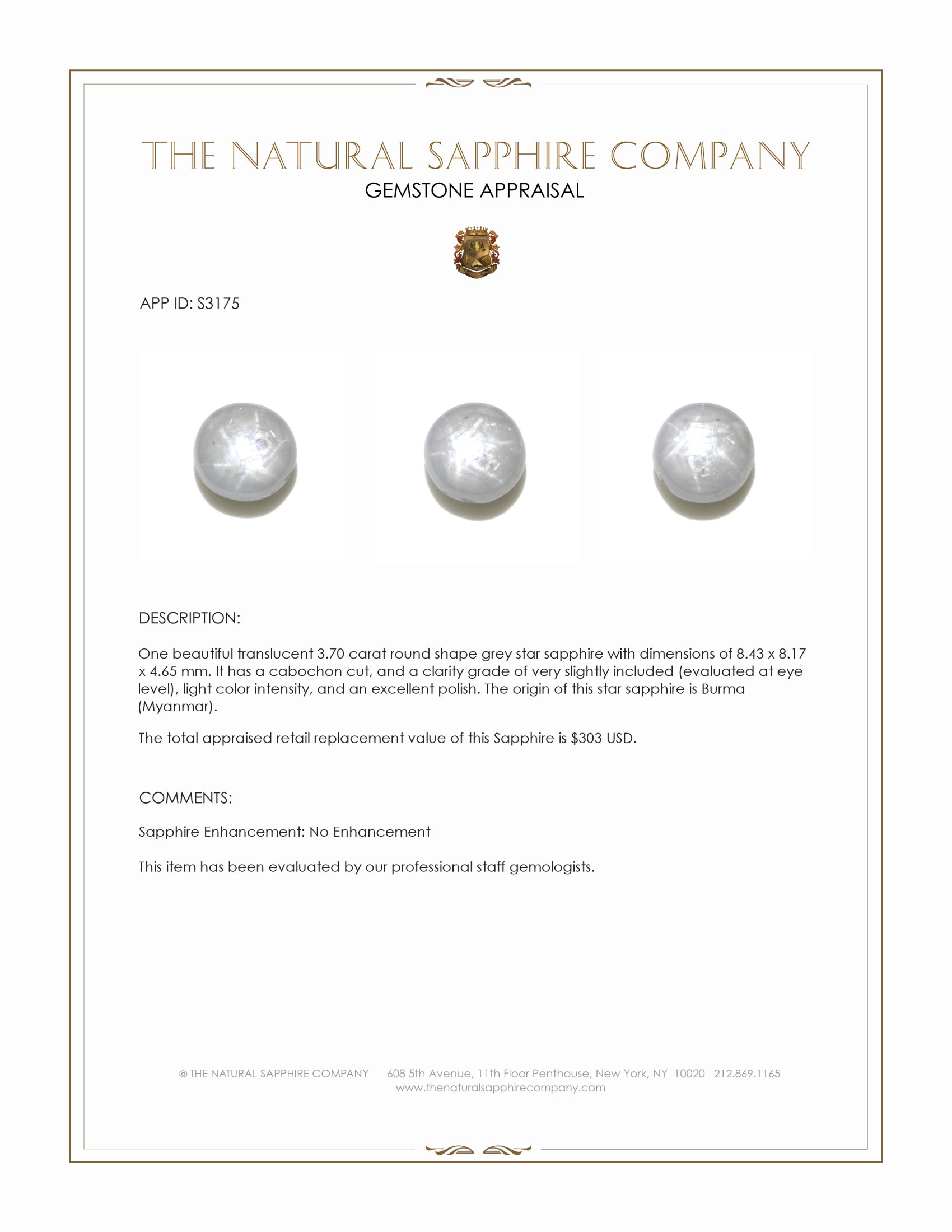 3.70 Ct. Grey Star Sapphire from Burma (Myanmar)