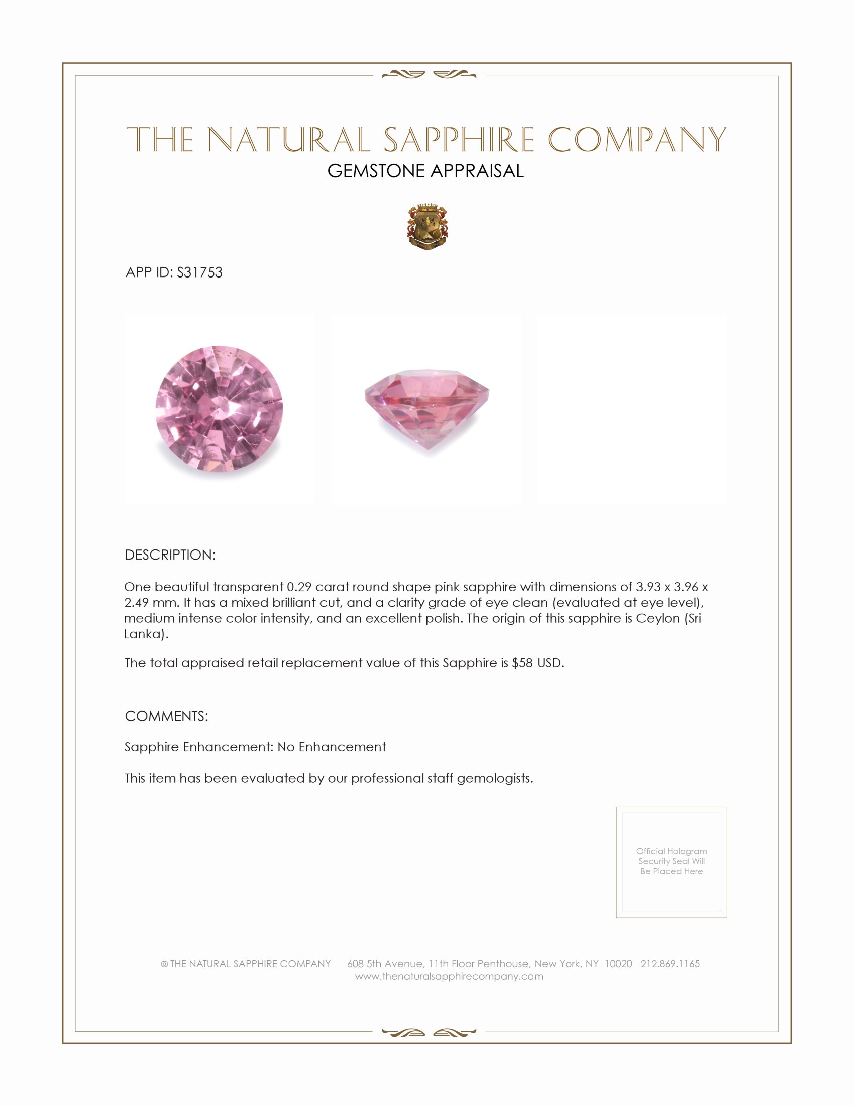 0.29 Ct. Pink Sapphire from Ceylon (Sri Lanka)