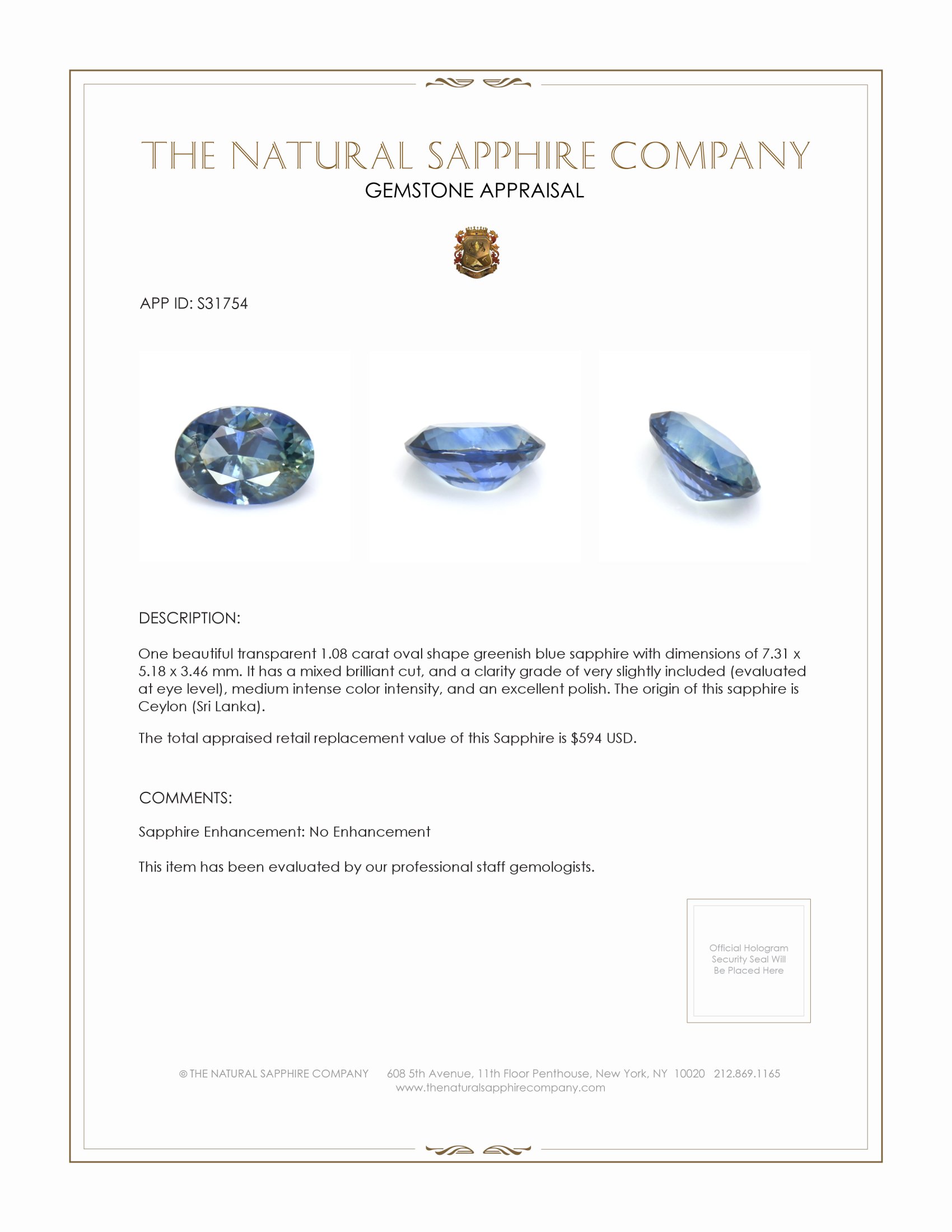 1.08 Ct. Greenish Blue Sapphire from Ceylon (Sri Lanka)