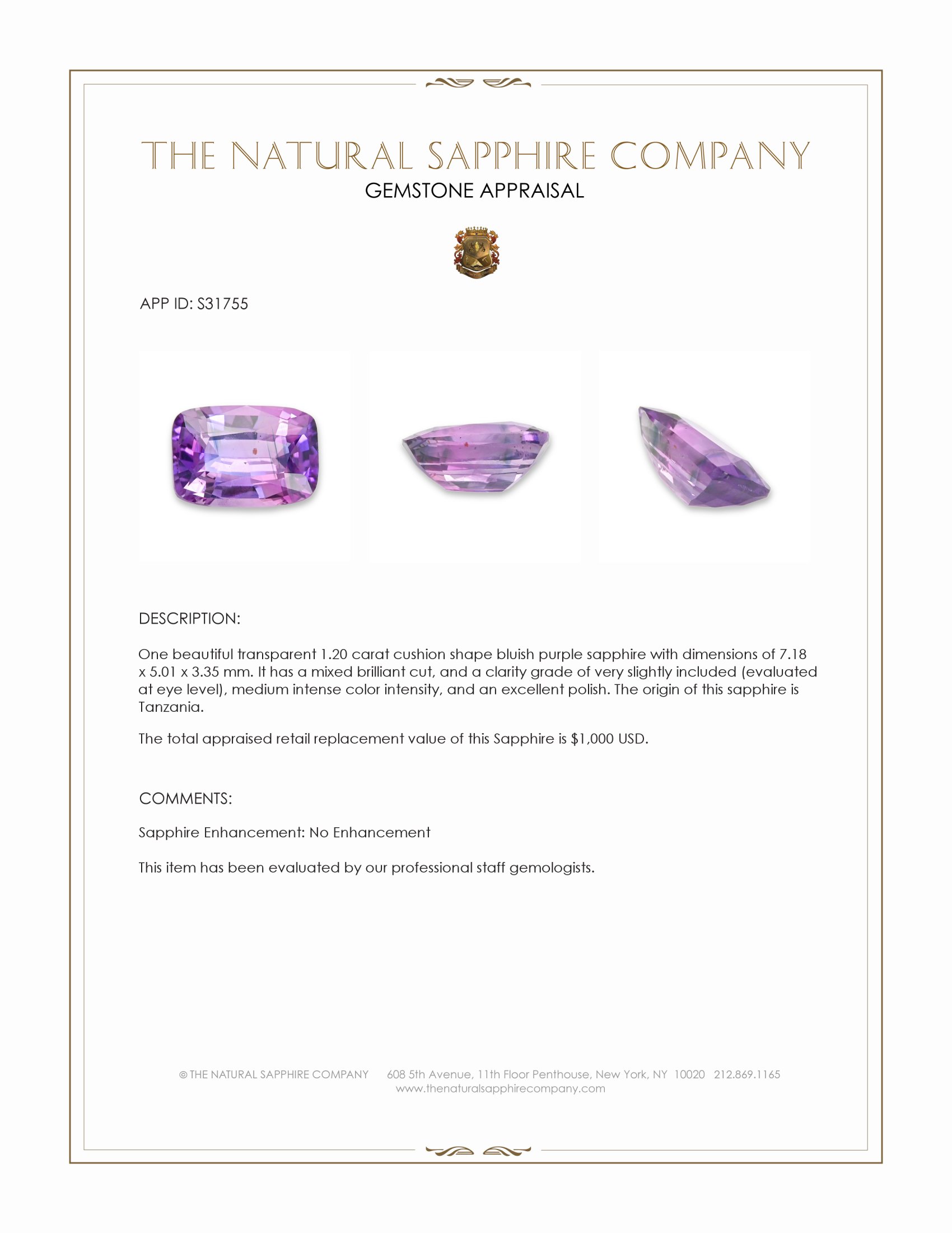 1.20 Ct. Pinkish Purple Sapphire from Tanzania