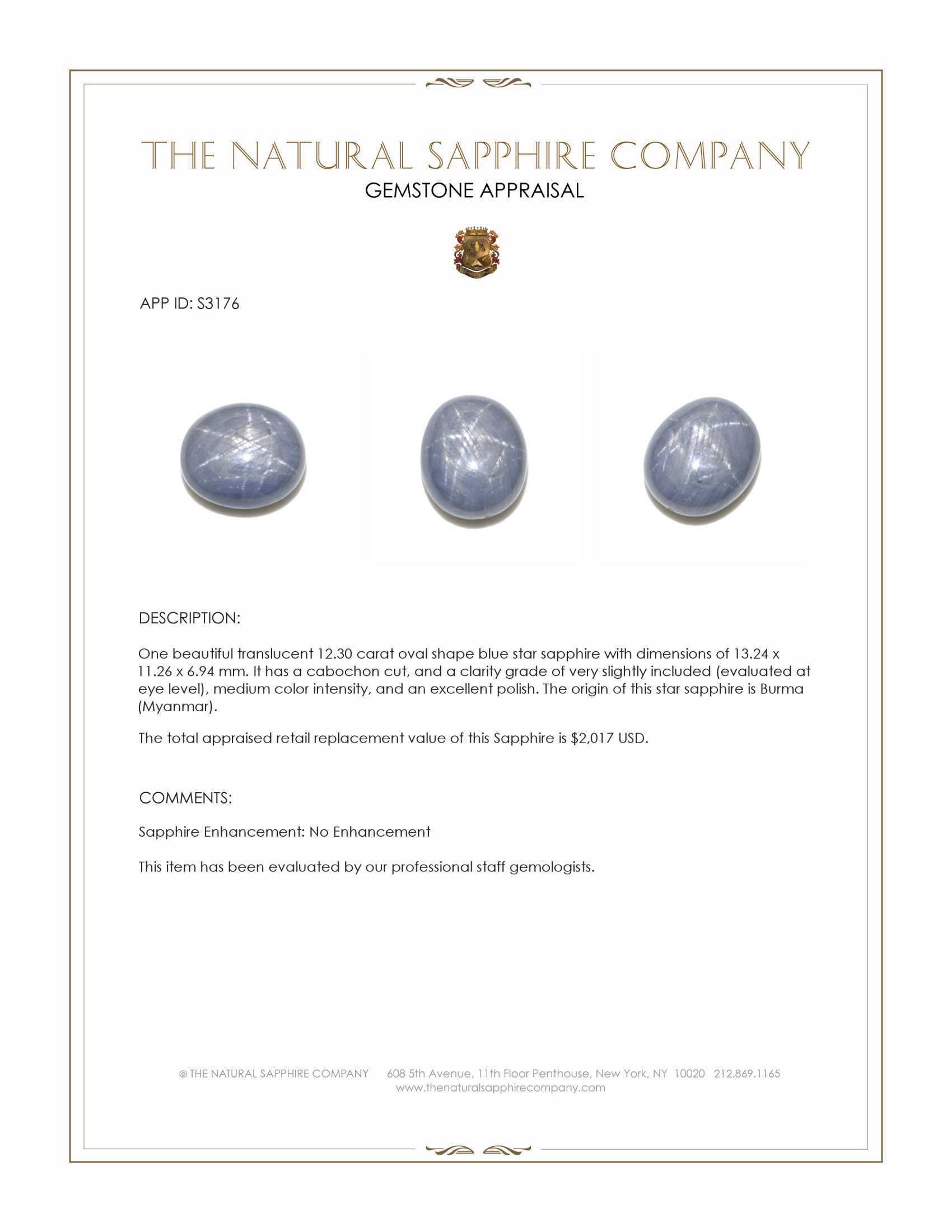 12.30 Ct. Blue Star Sapphire from Burma (Myanmar)