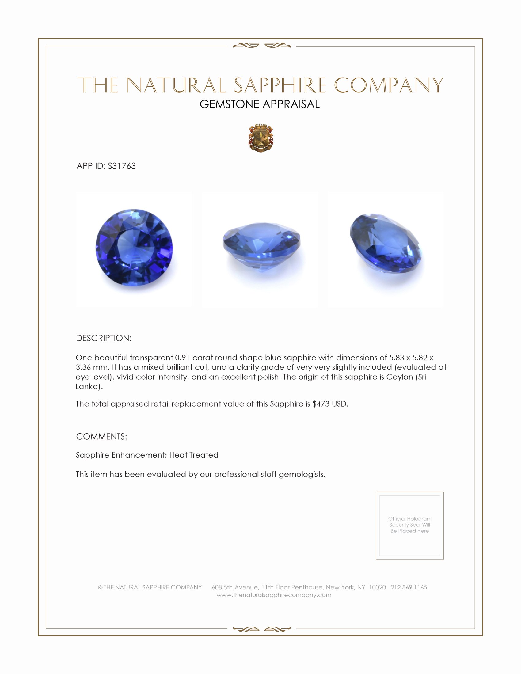 0.91 Ct. Blue Sapphire from Ceylon (Sri Lanka)