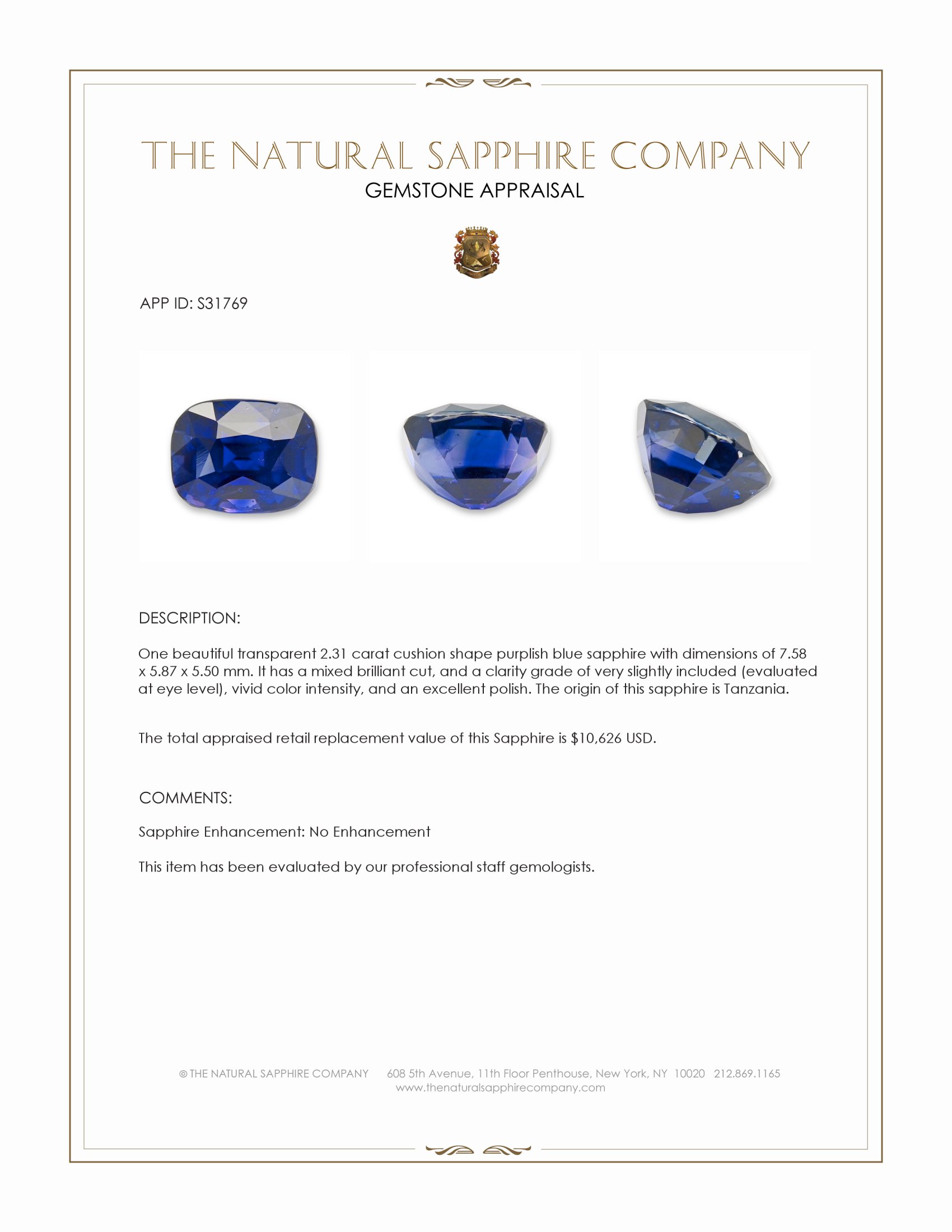 2.31 Ct. Purplish Blue Sapphire from Tanzania