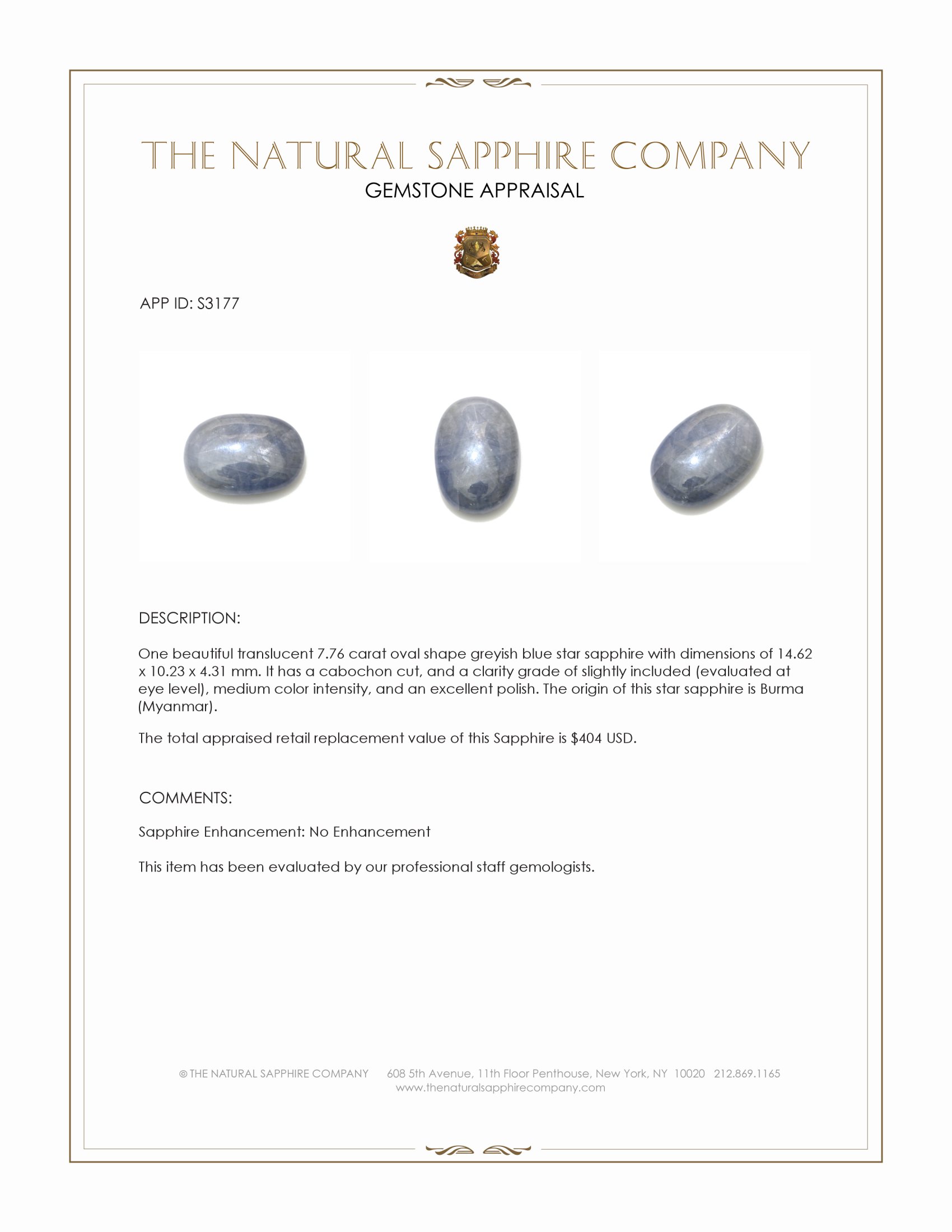 7.76 Ct. Greyish Blue Star Sapphire from Burma (Myanmar)