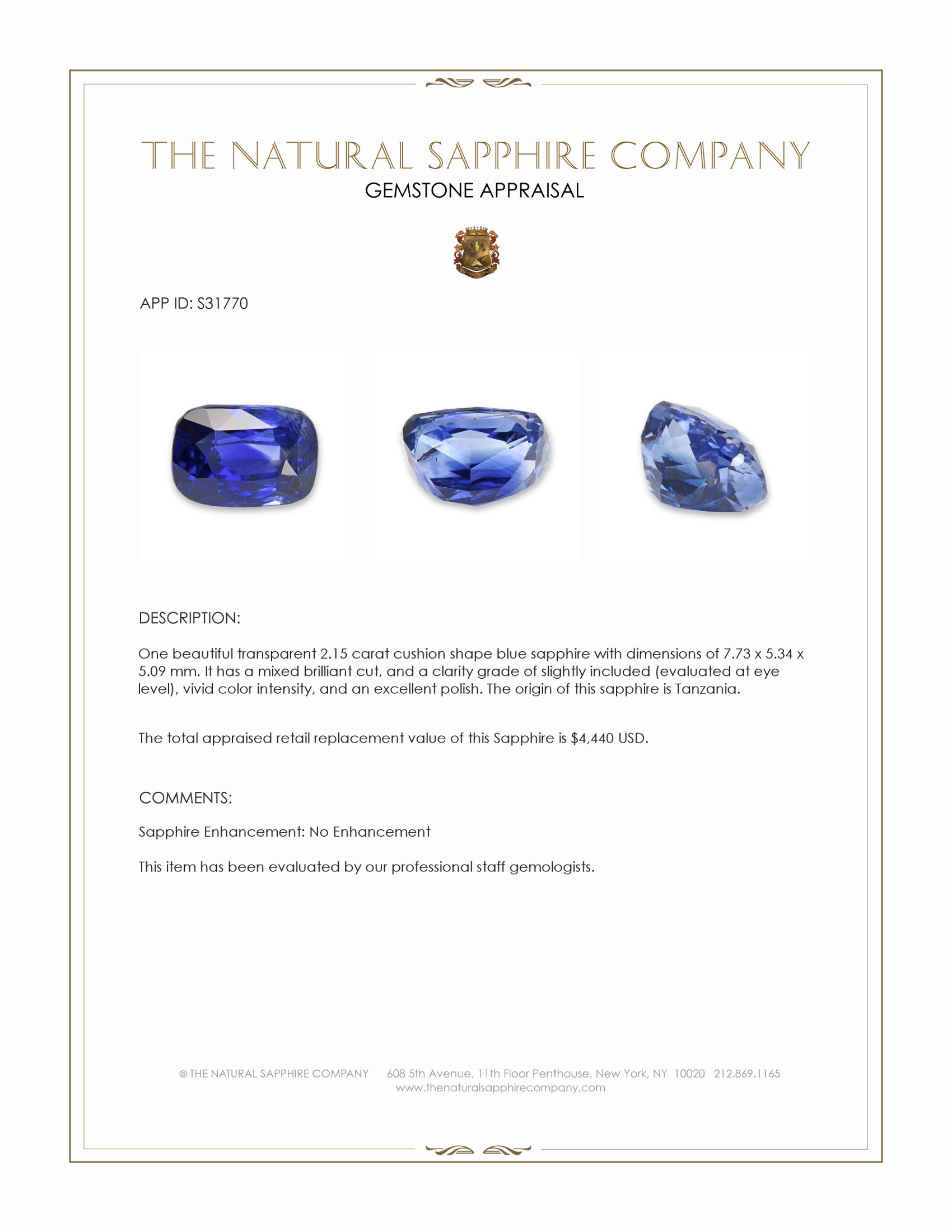 2.15 Ct. Blue Sapphire from Tanzania
