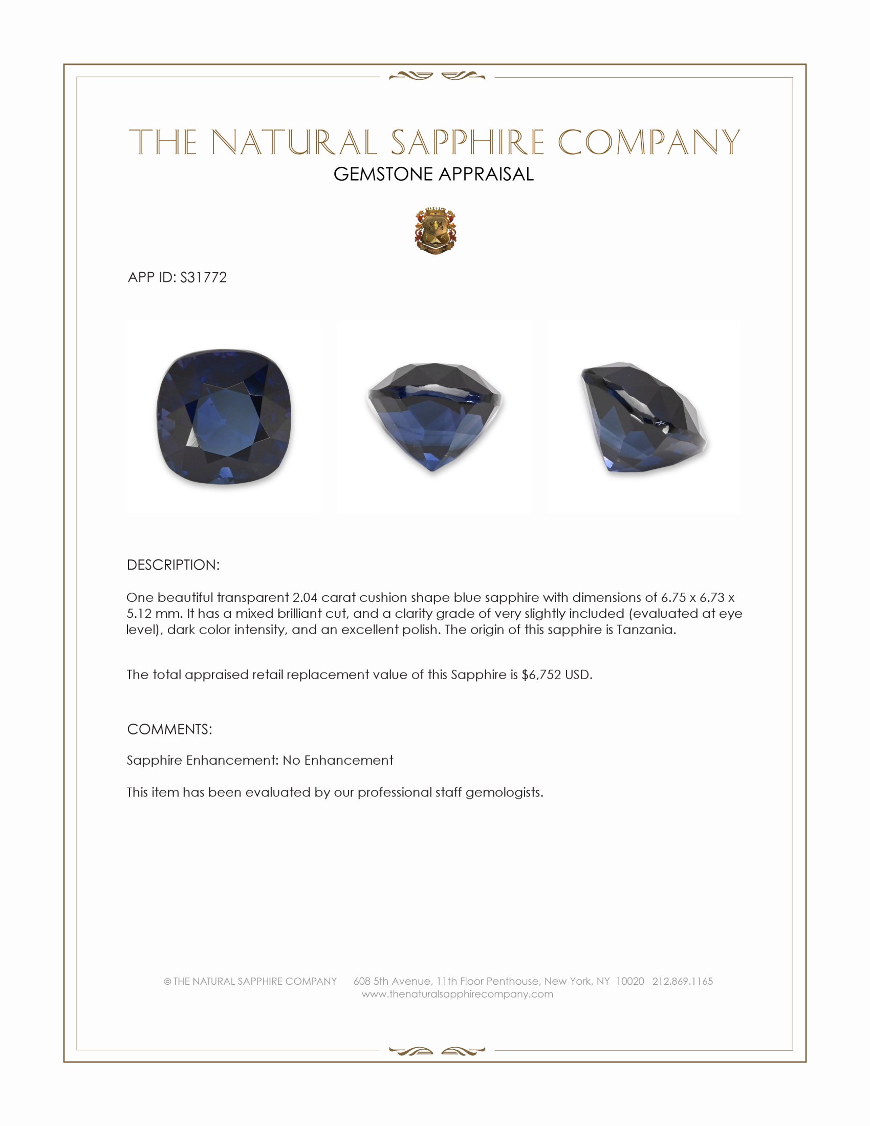 2.04 Ct. Blue Sapphire from Tanzania