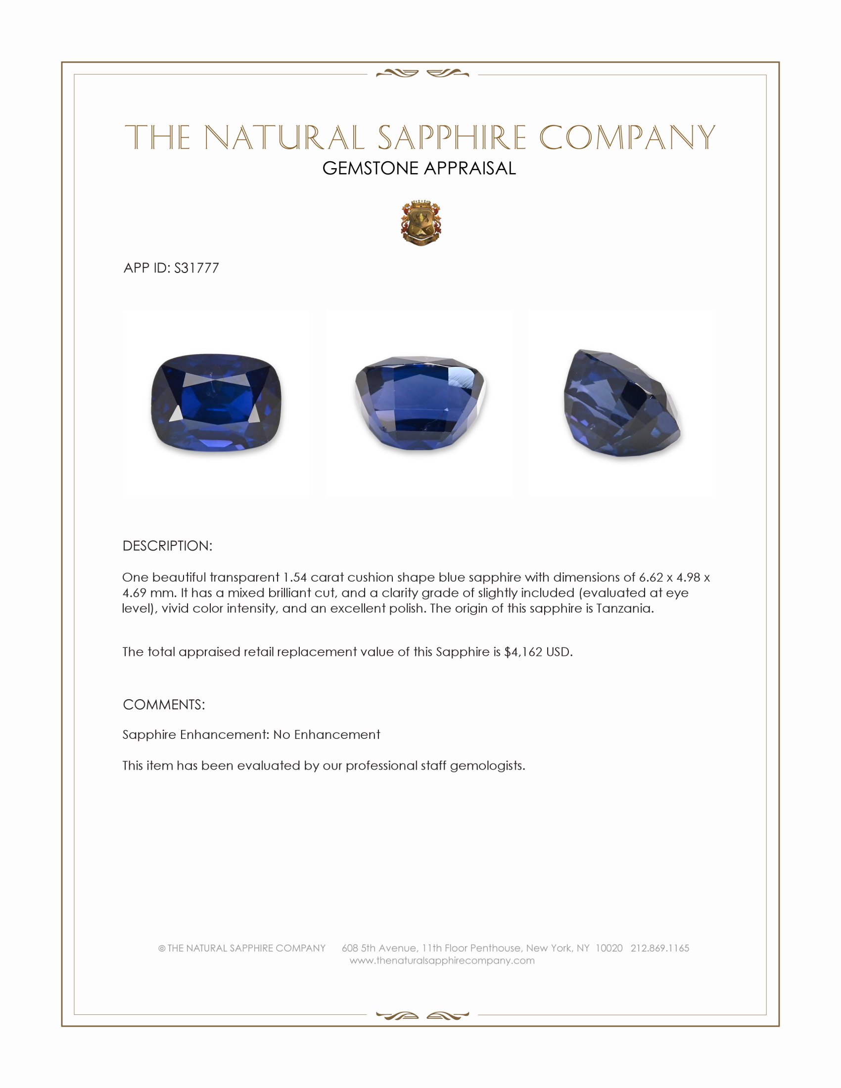 1.54 Ct. Blue Sapphire from Tanzania