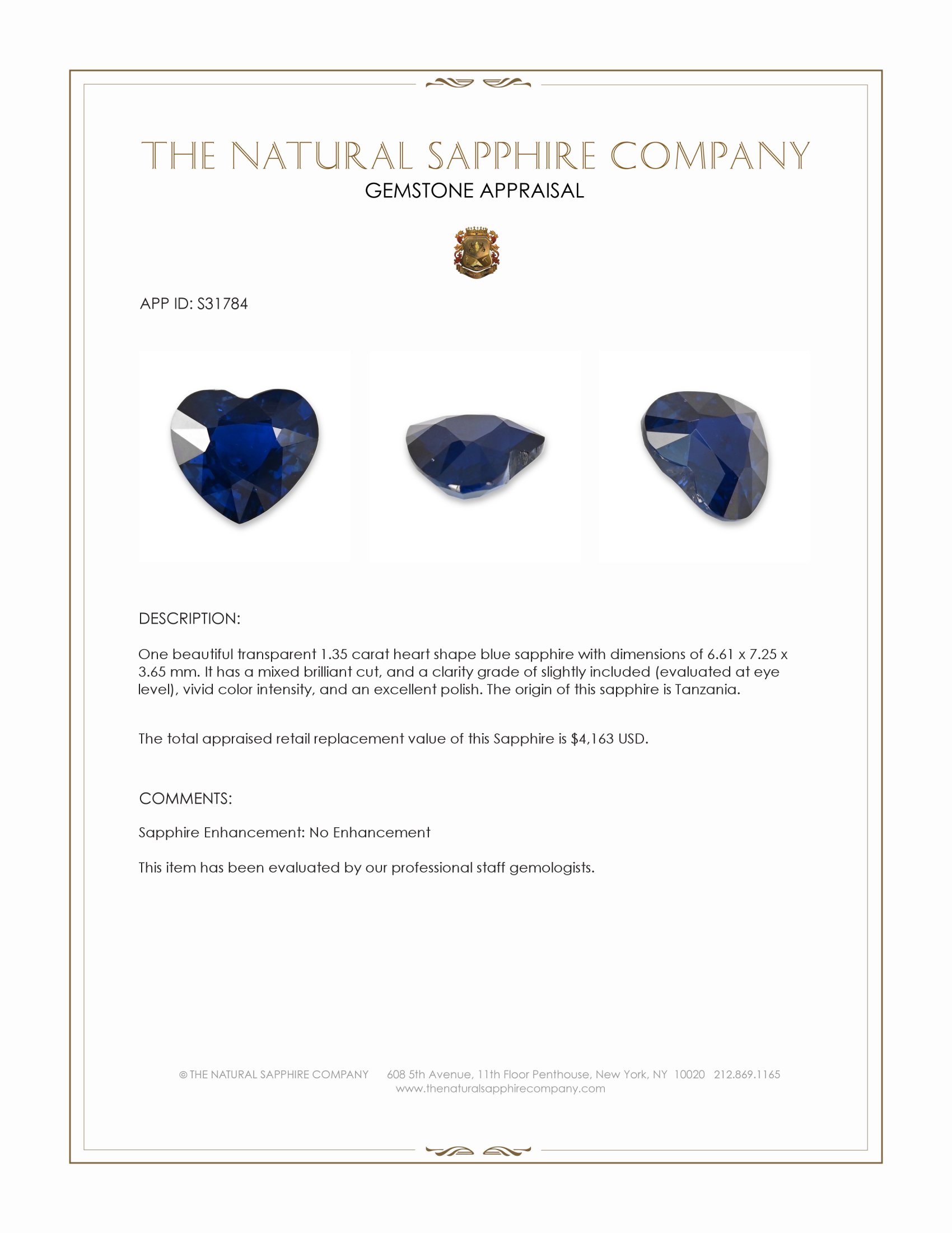 1.35 Ct. Blue Sapphire from Tanzania