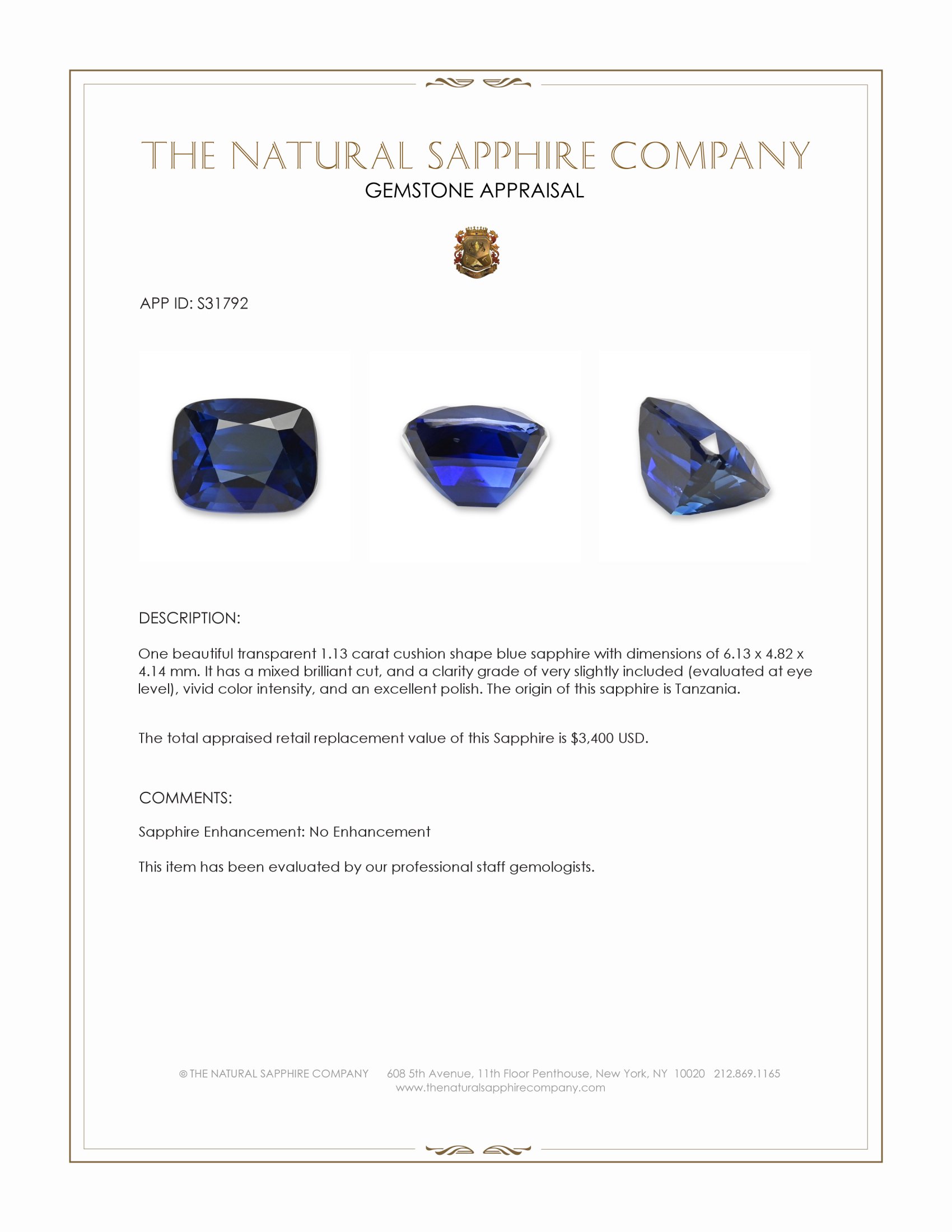 1.13 Ct. Blue Sapphire from Tanzania