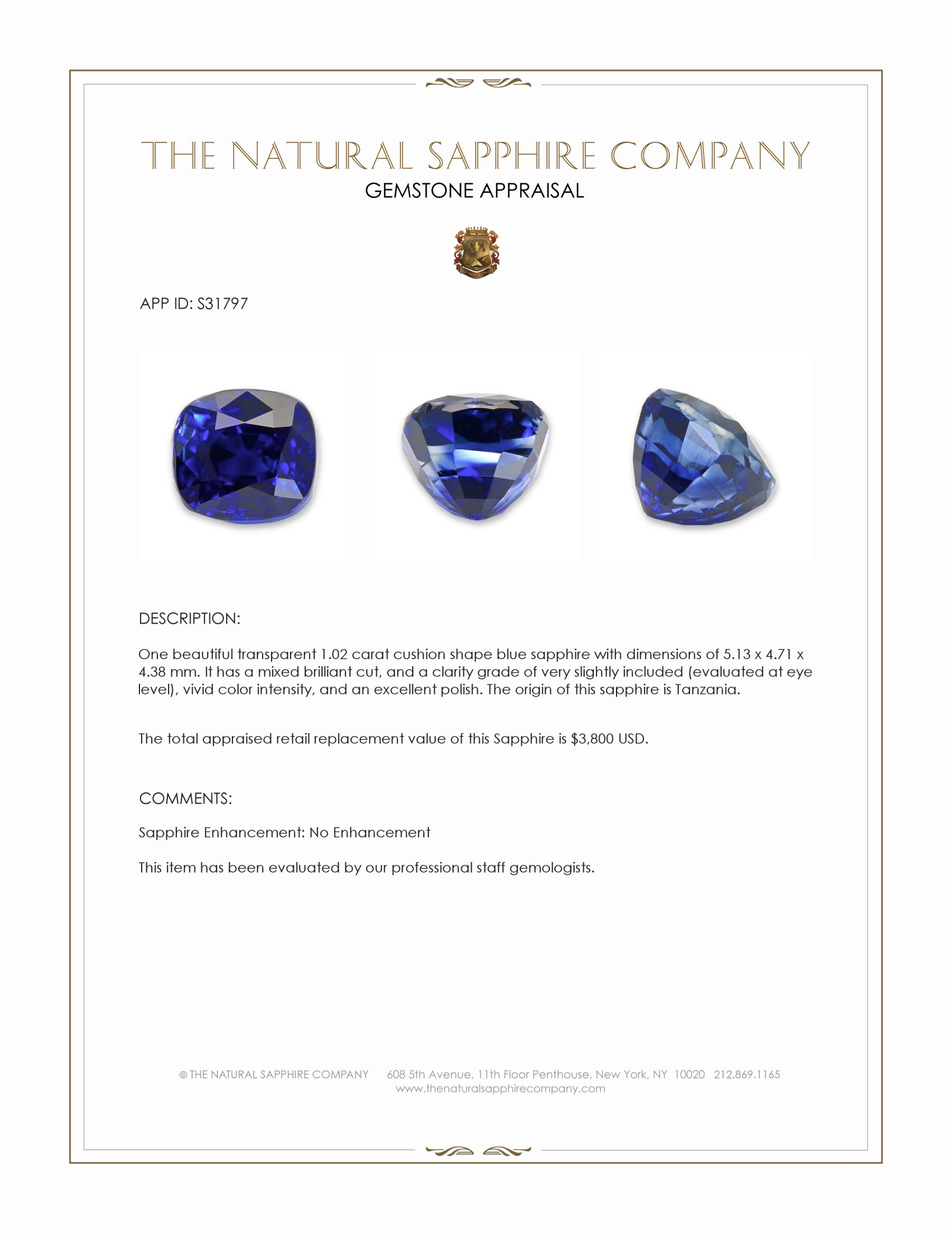 1.02 Ct. Blue Sapphire from Tanzania