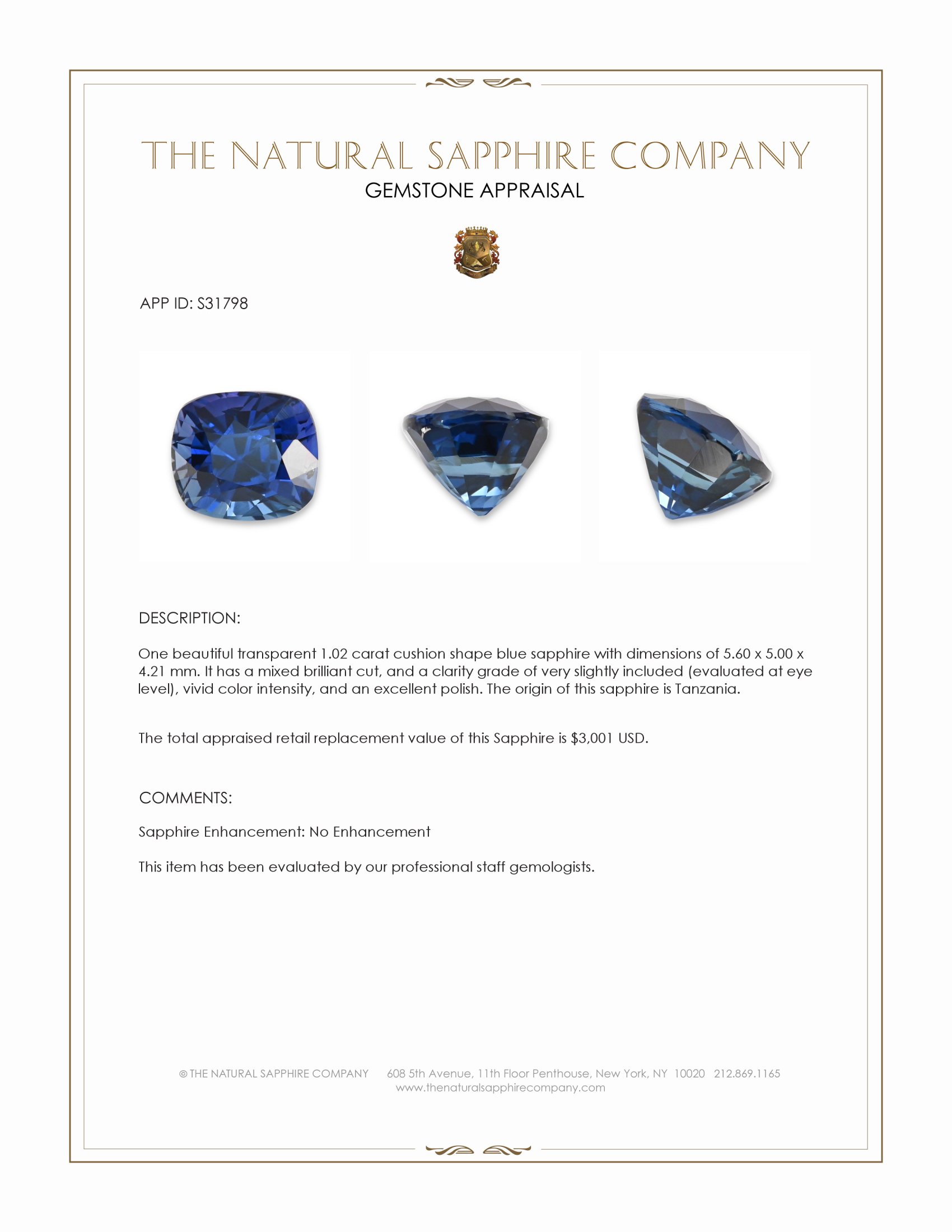 1.02 Ct. Blue Sapphire from Tanzania