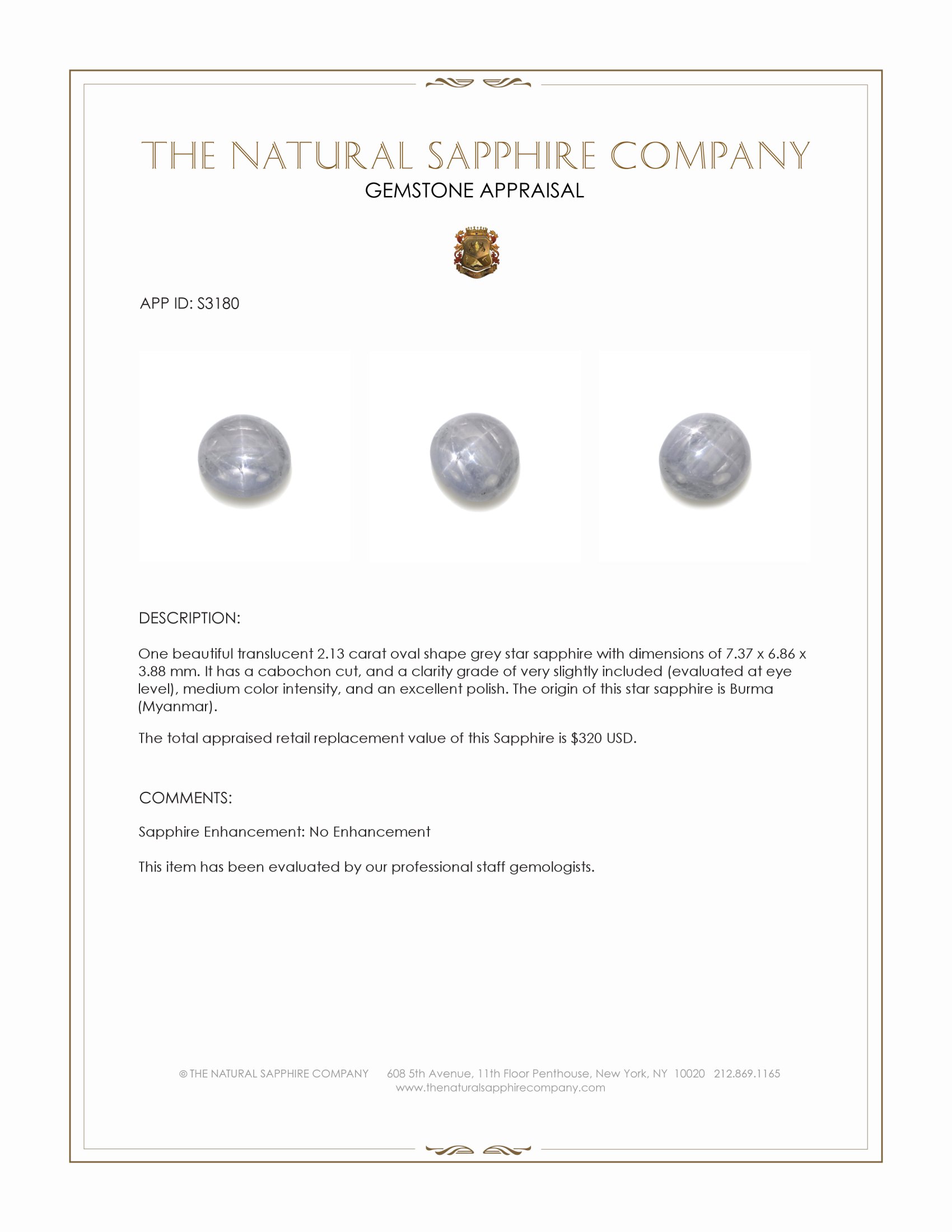 2.13 Ct. Grey Star Sapphire from Burma (Myanmar)