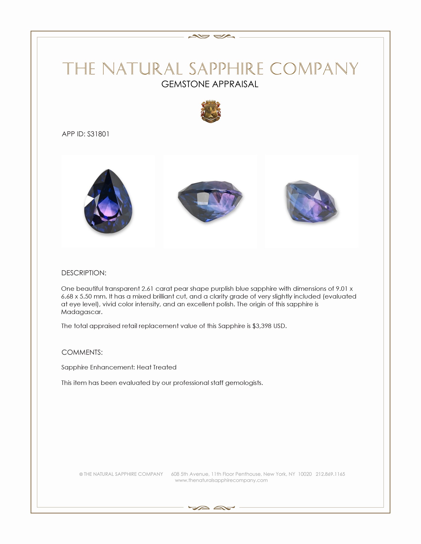 2.61 Ct. Purplish Blue Sapphire from Madagascar