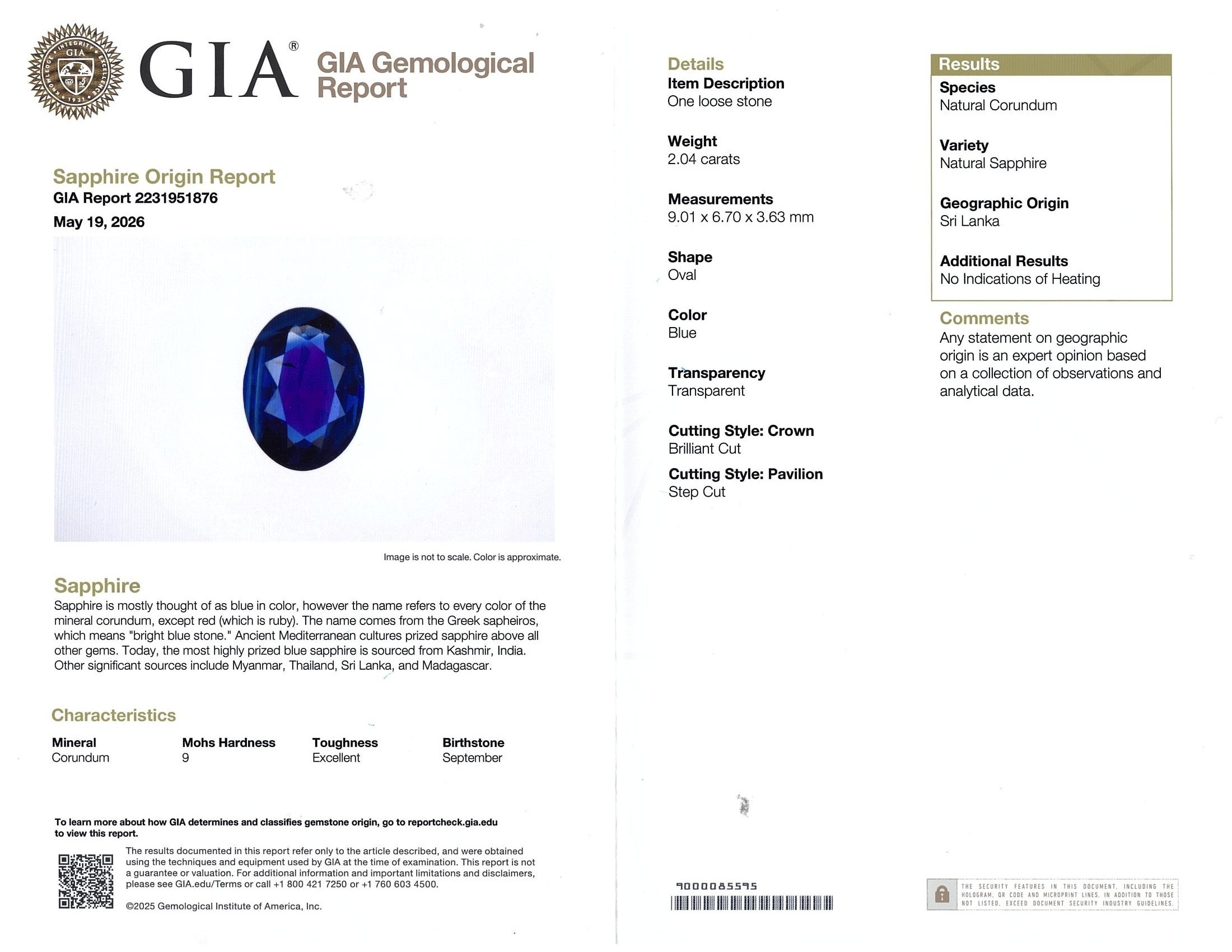 2.04 Ct. Blue Sapphire from Ceylon (Sri Lanka)