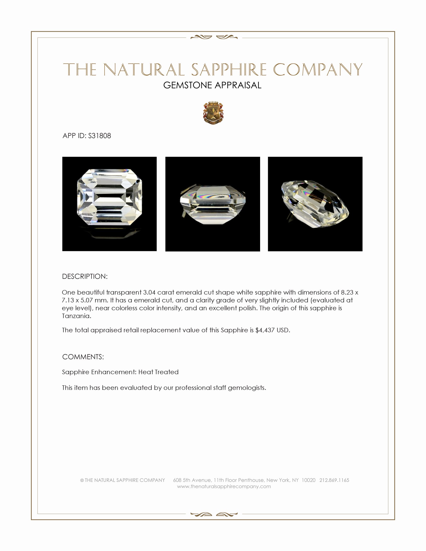 3.04 Ct. White Sapphire from Tanzania