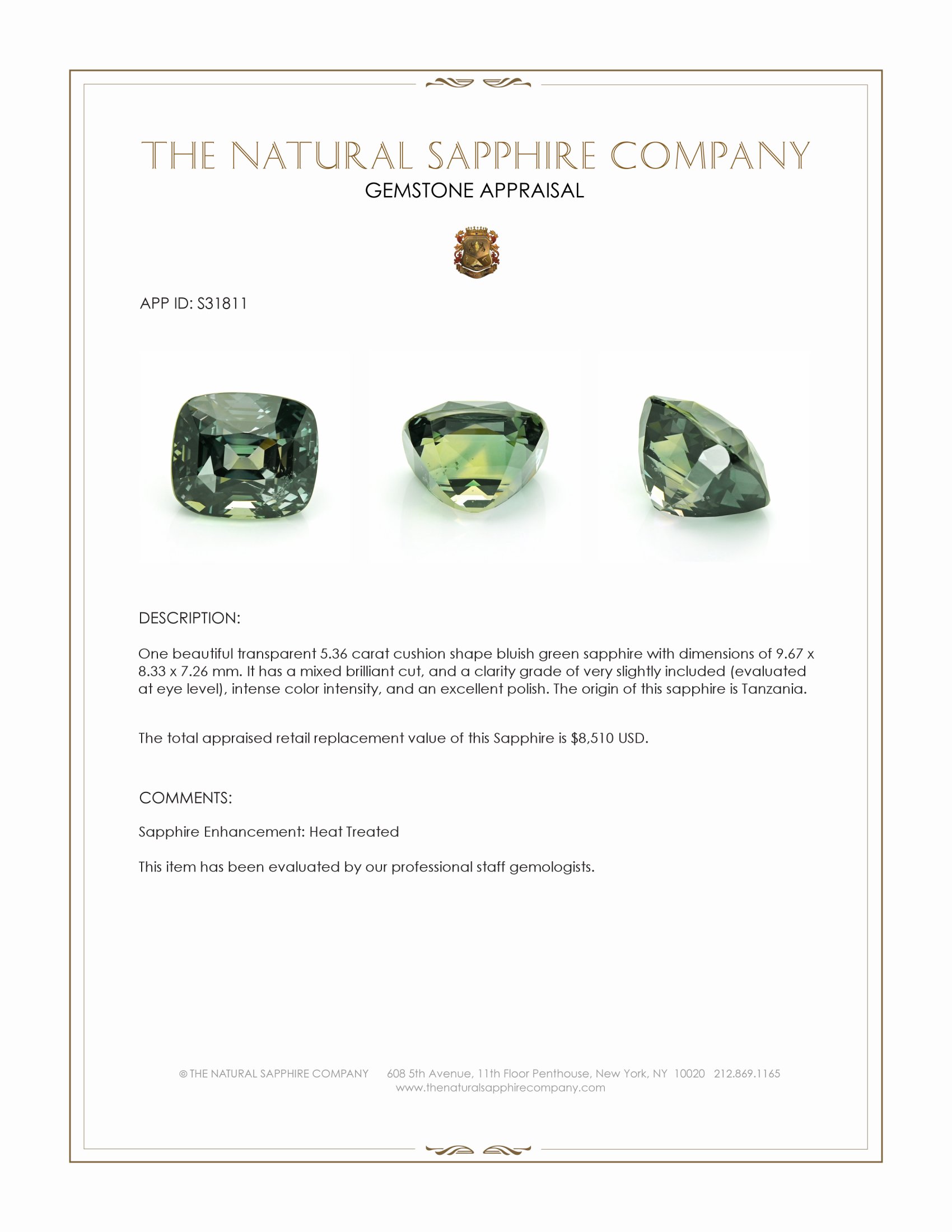 5.36 Ct. Bluish Green Sapphire from Tanzania