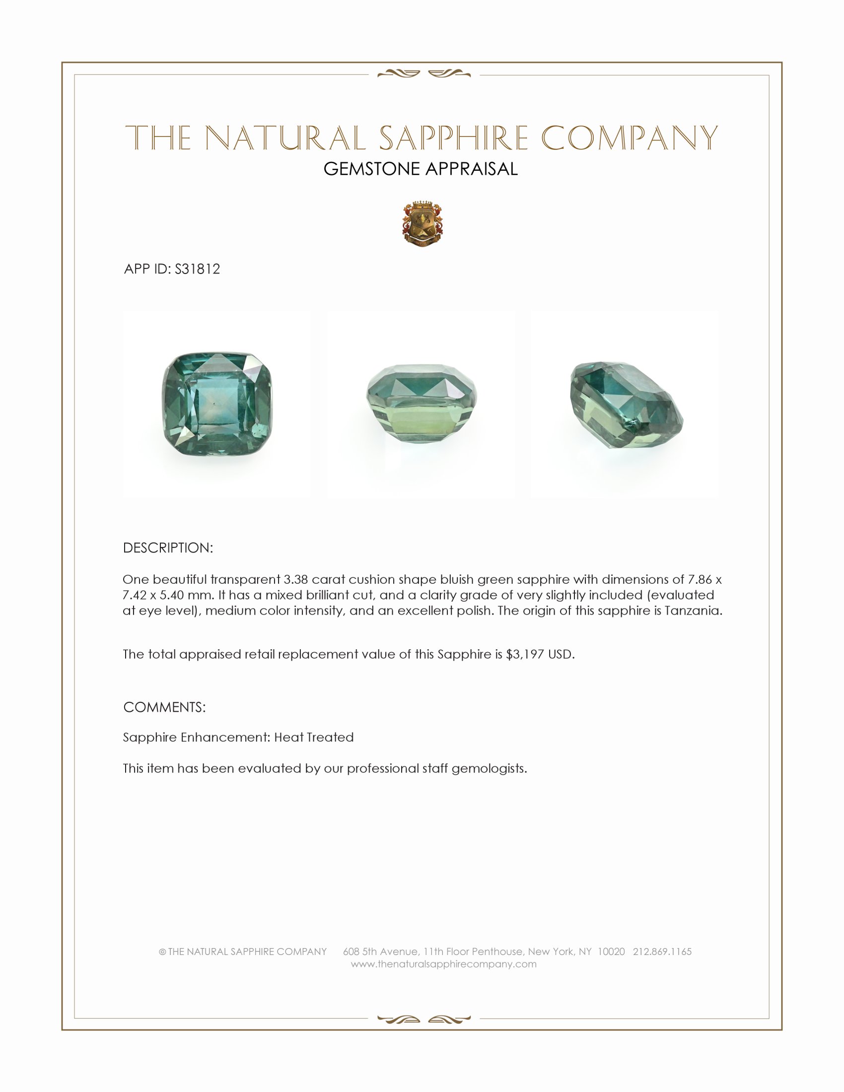 3.38 Ct. Bluish Green Sapphire from Tanzania