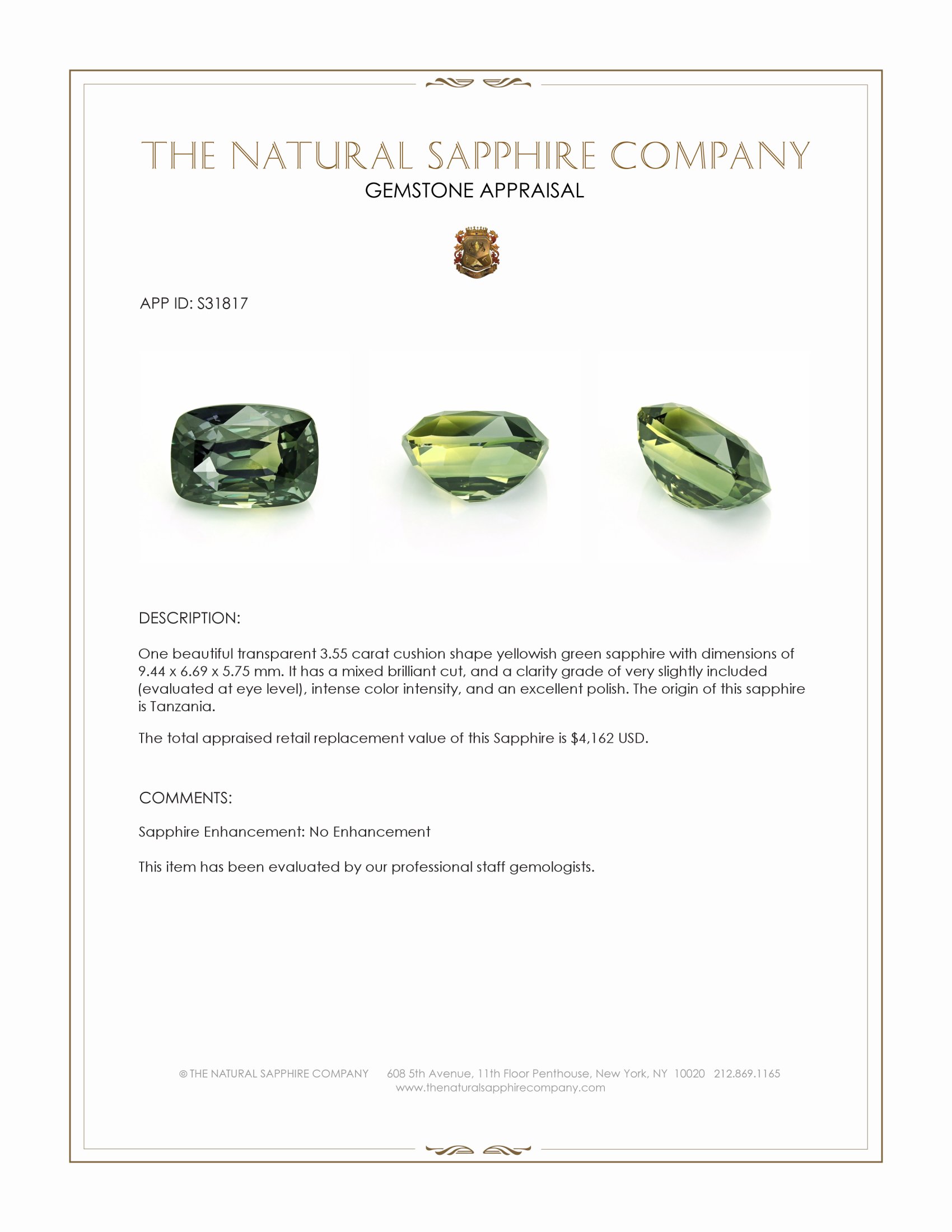 3.55 Ct. Yellowish Green Sapphire from Tanzania