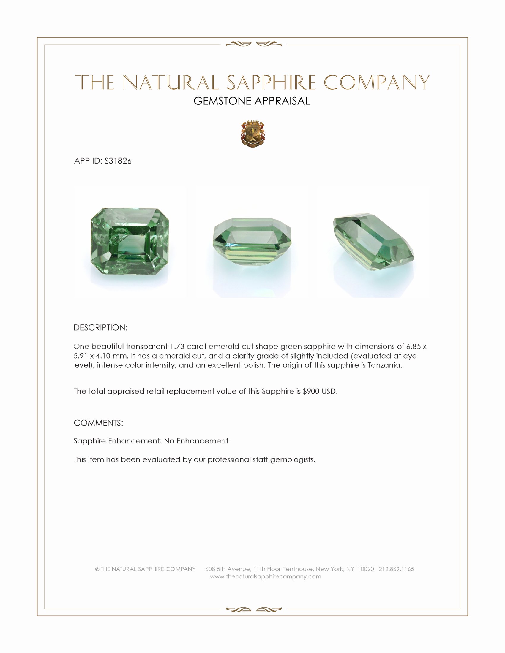 1.73 Ct. Green Sapphire from Tanzania