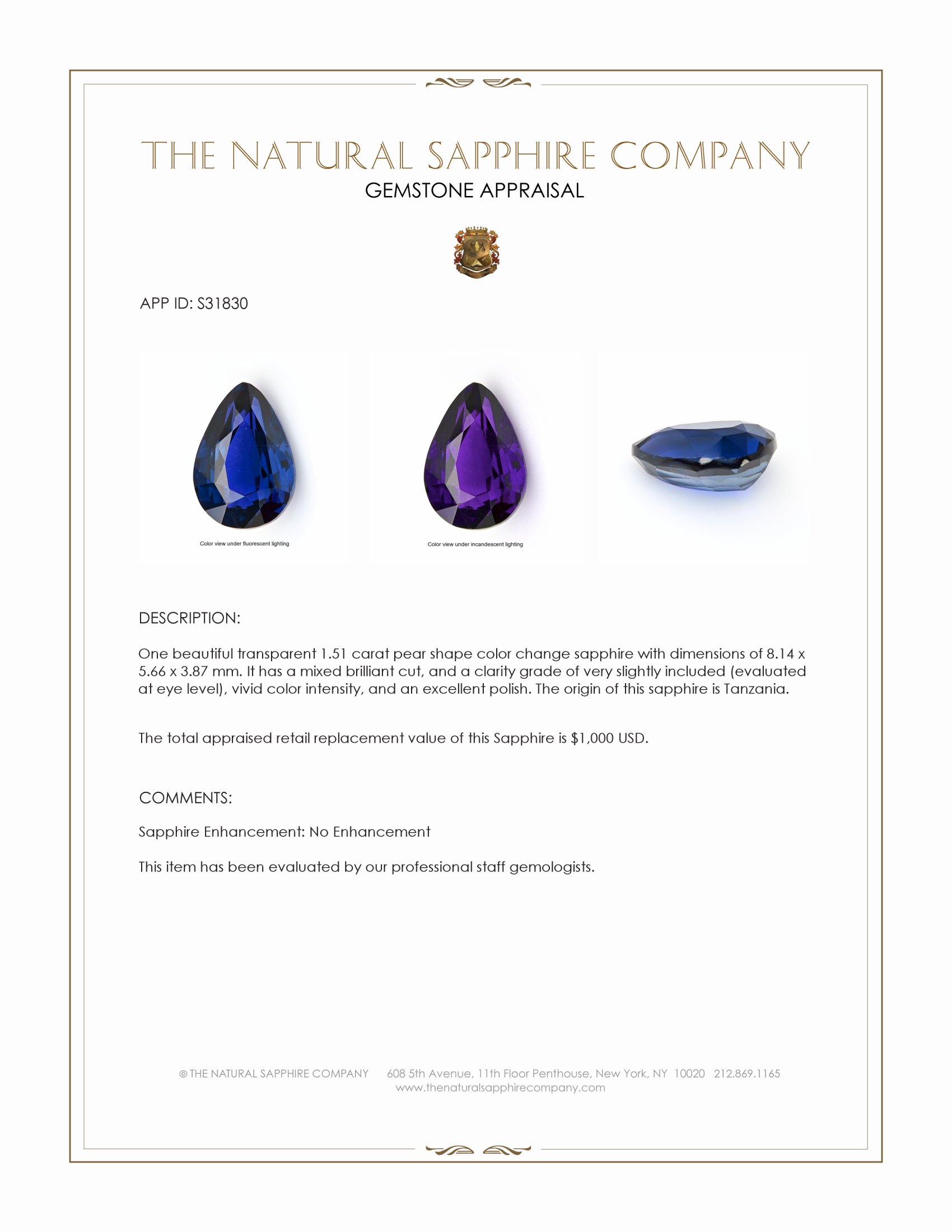 1.51 Ct. Color Change Sapphire from Tanzania