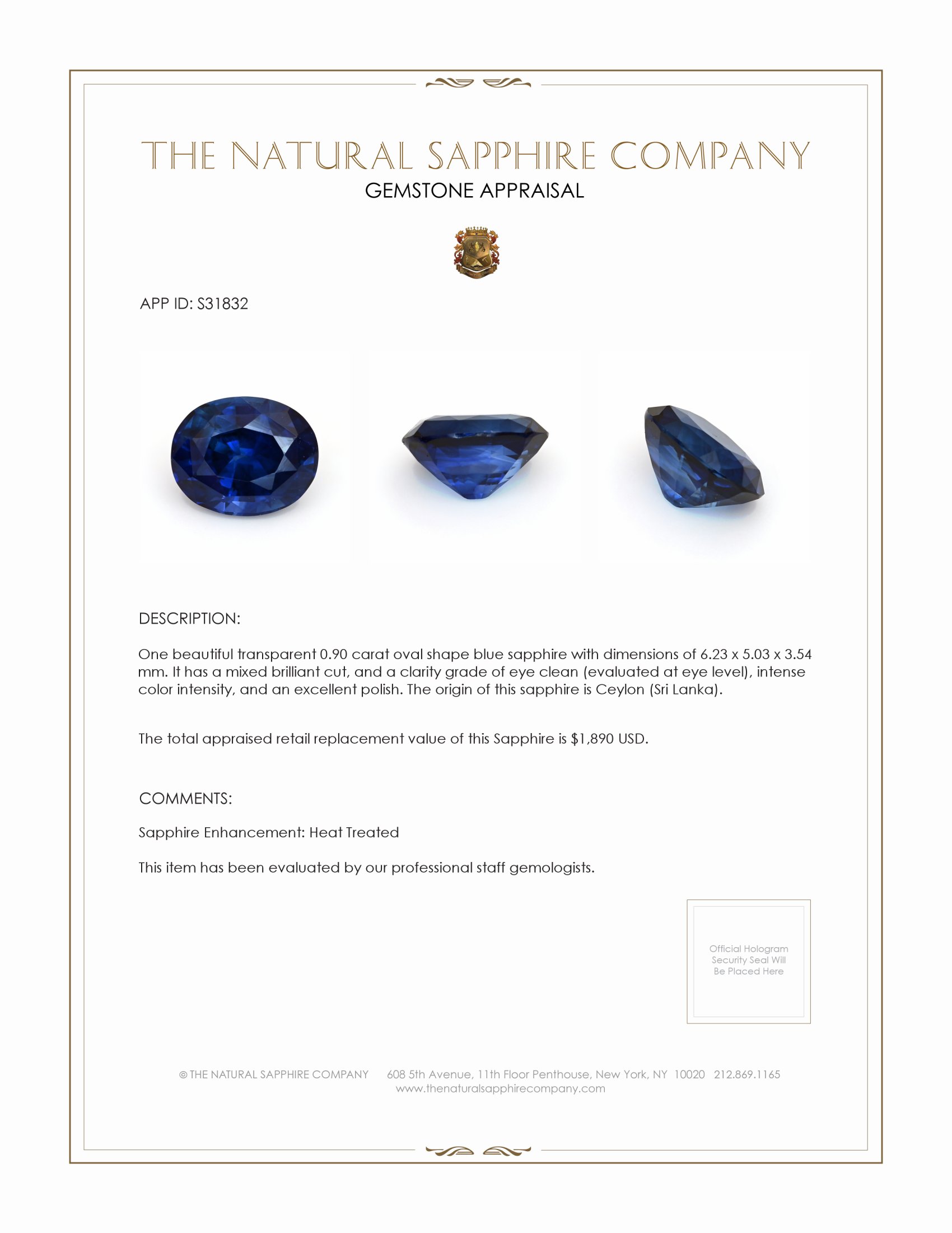 0.90 Ct. Blue Sapphire from Ceylon (Sri Lanka)