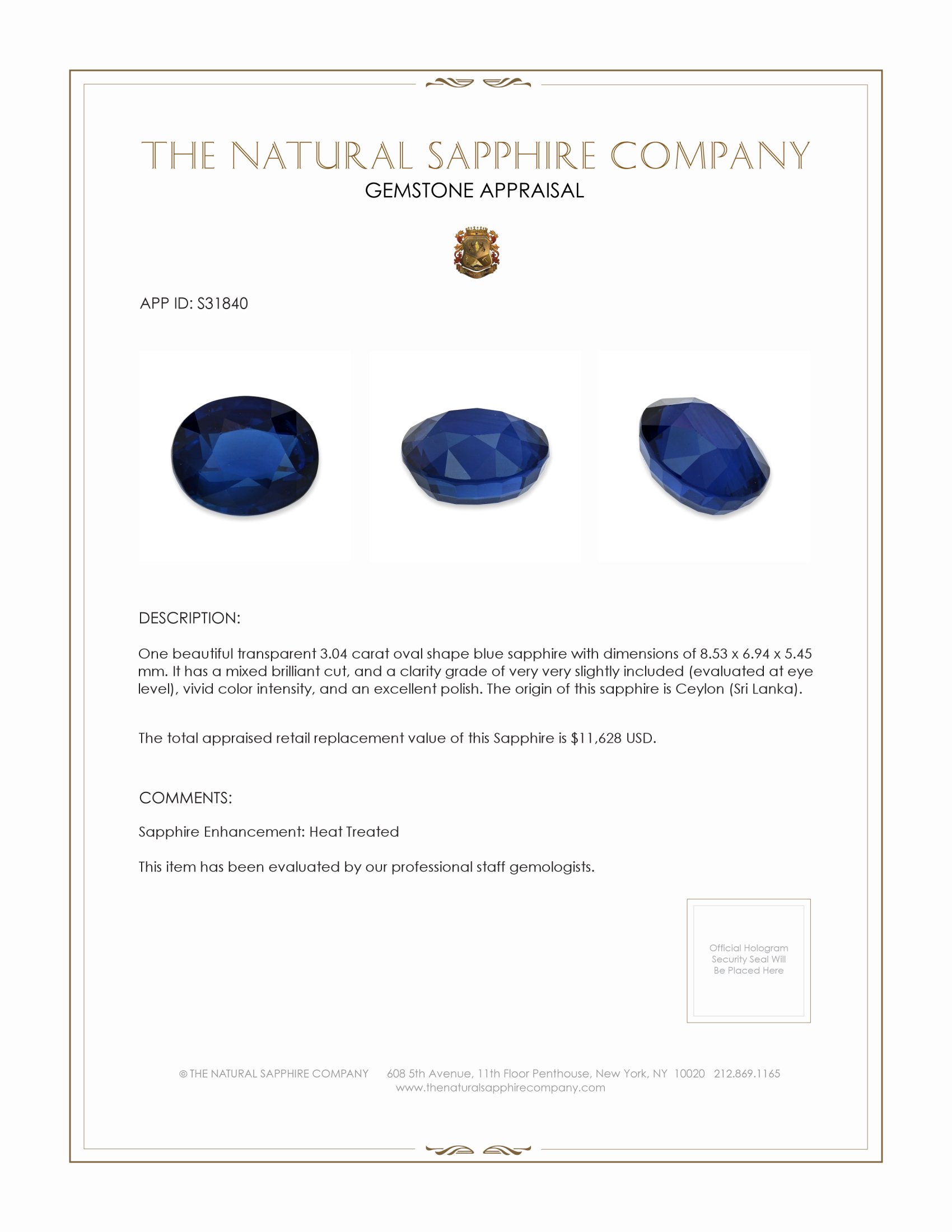 3.04 Ct. Blue Sapphire from Ceylon (Sri Lanka)