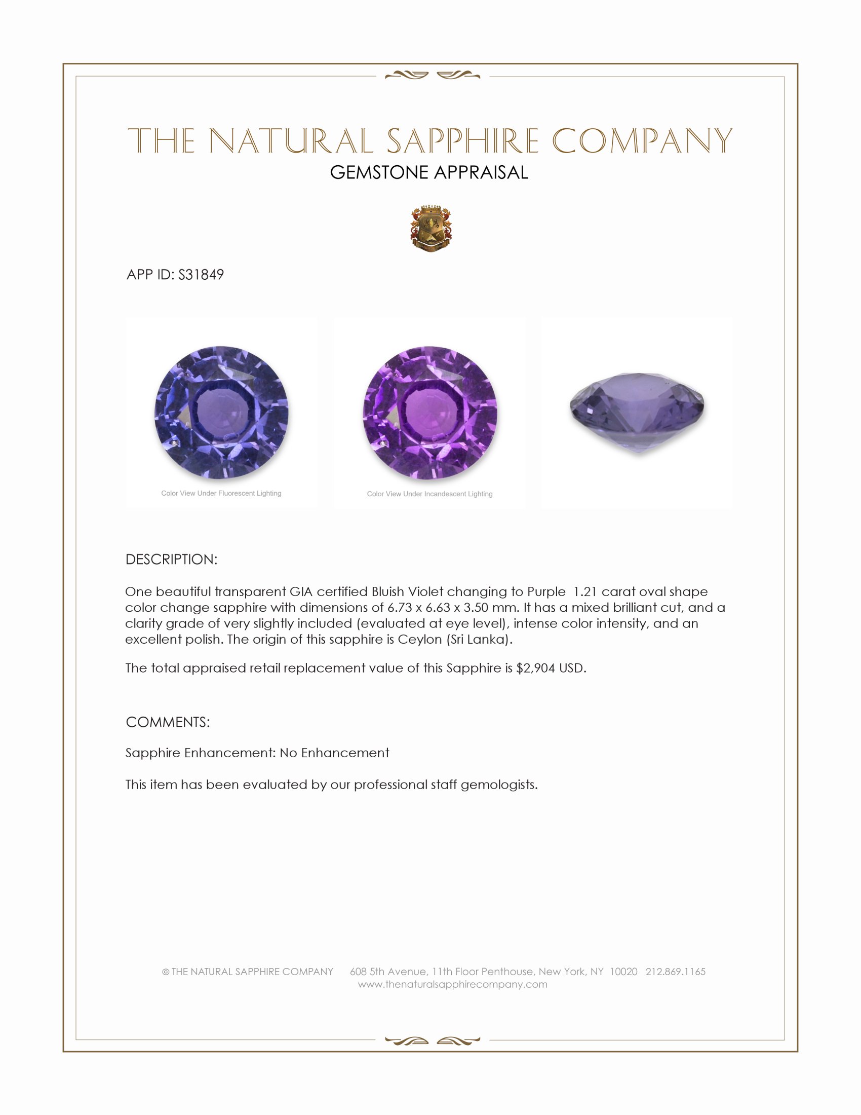 1.21 Ct. Color Change Sapphire from Ceylon (Sri Lanka)