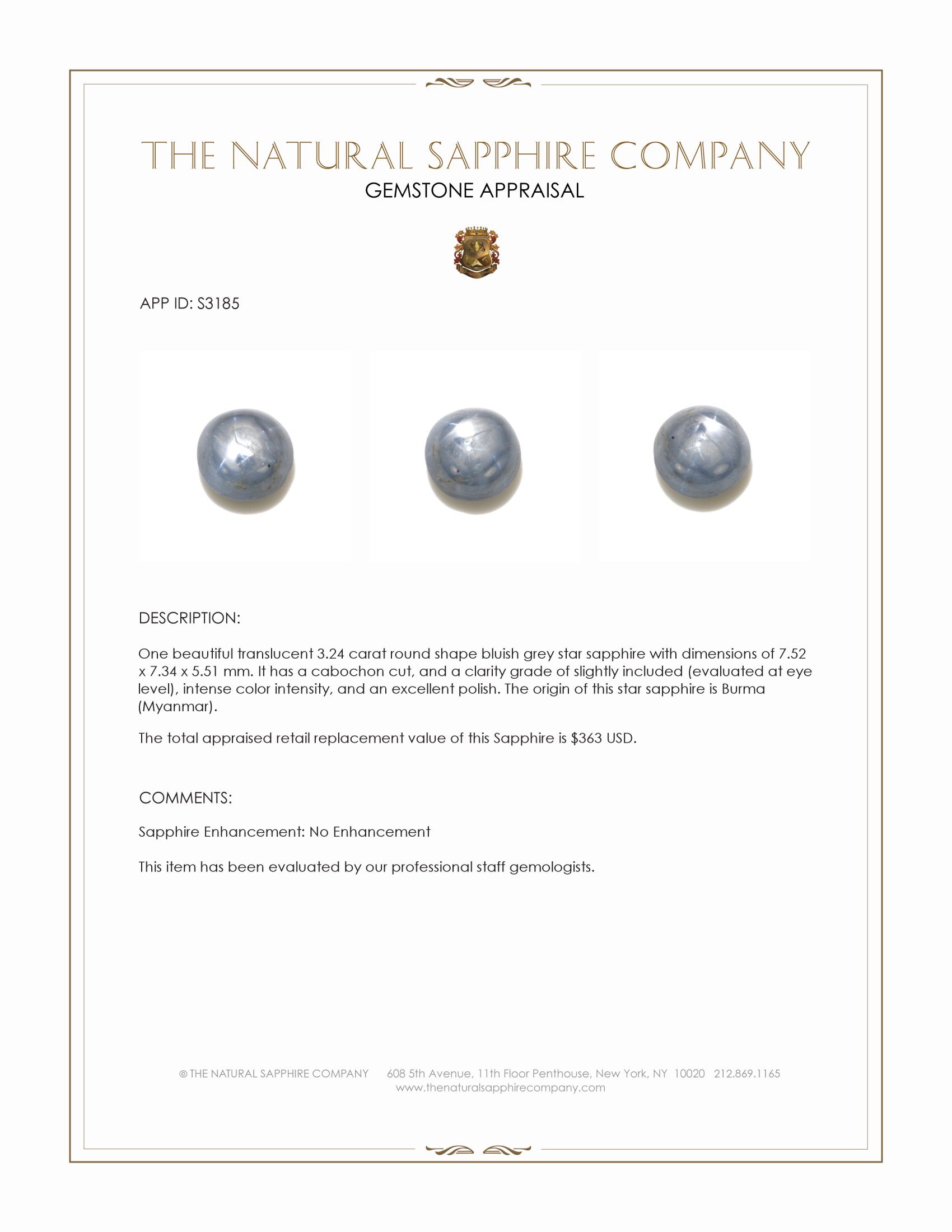 3.24 Ct. Bluish Grey Star Sapphire from Burma (Myanmar)