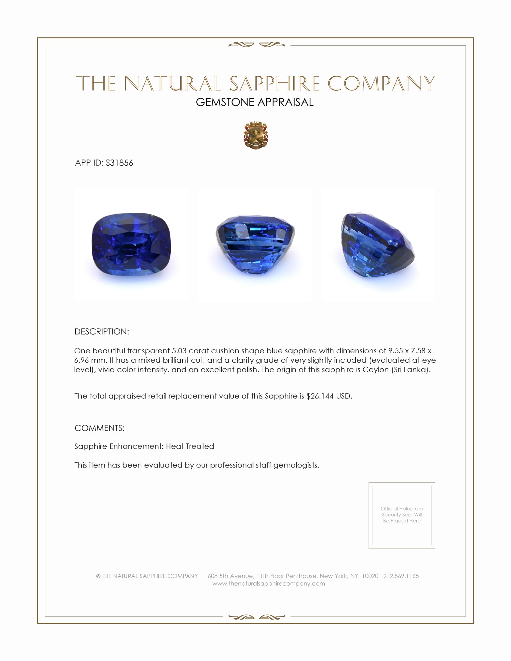 5.03 Ct. Blue Sapphire from Ceylon (Sri Lanka)