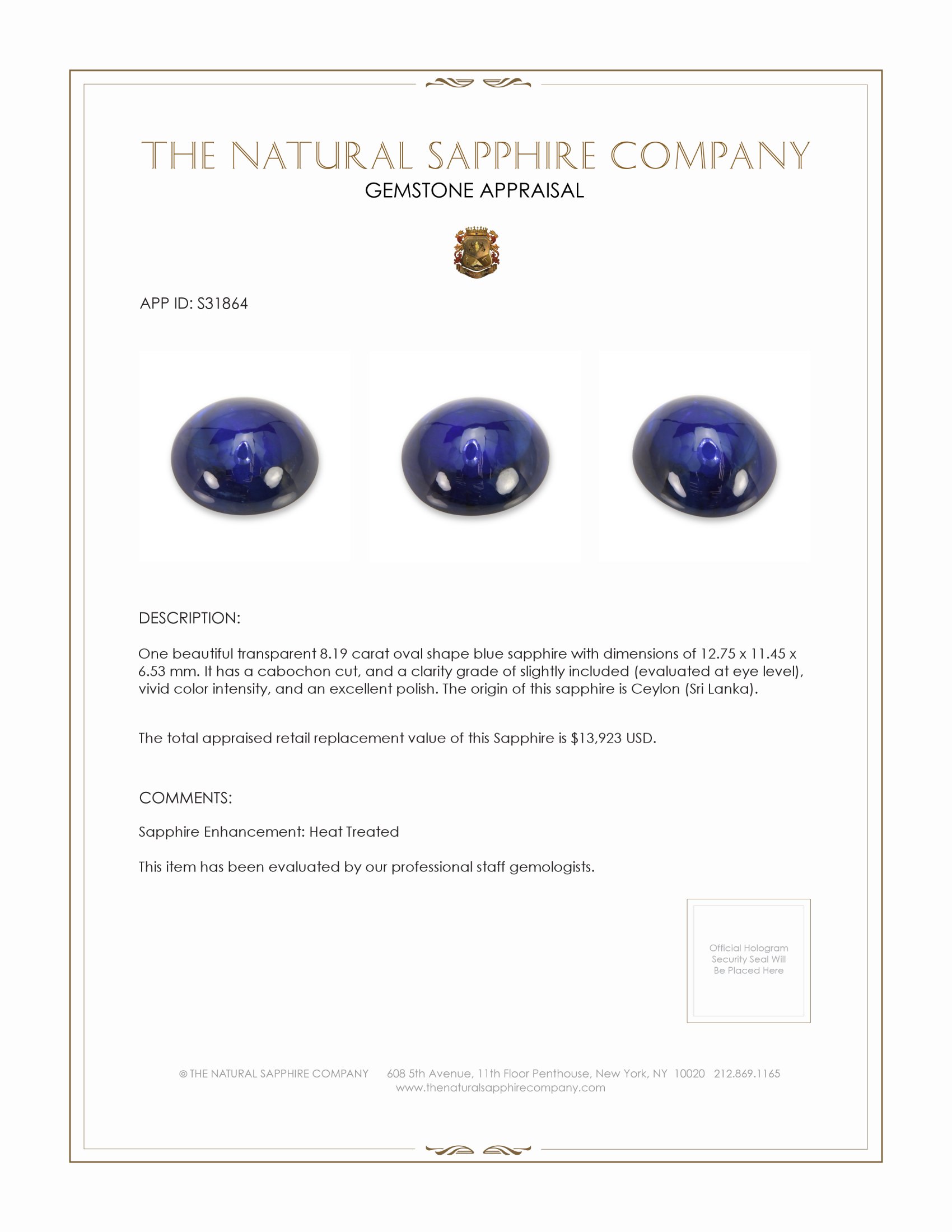 8.19 Ct. Blue Cabochon Sapphire from Ceylon (Sri Lanka)