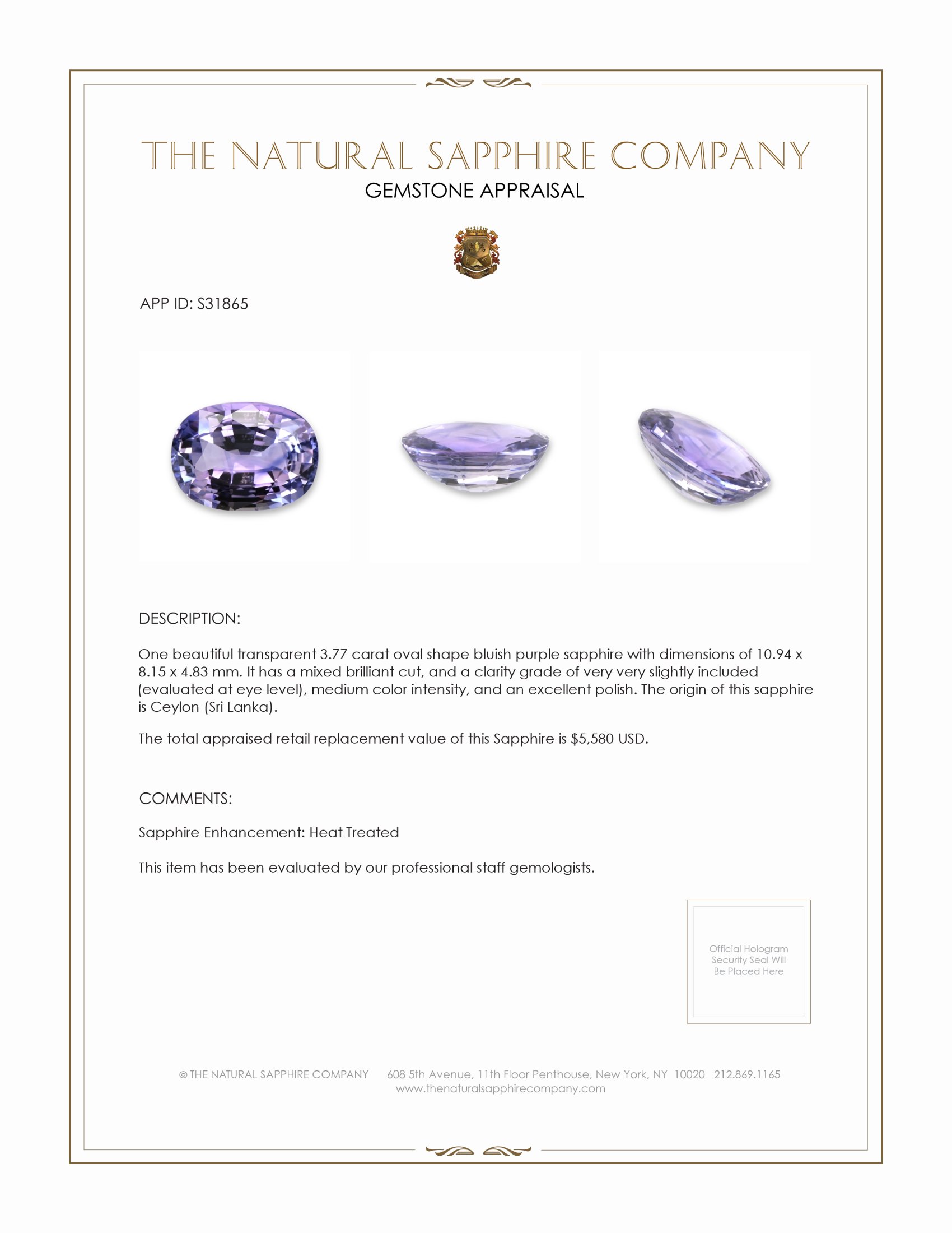 3.77 Ct. Bluish Purple Sapphire from Ceylon (Sri Lanka)