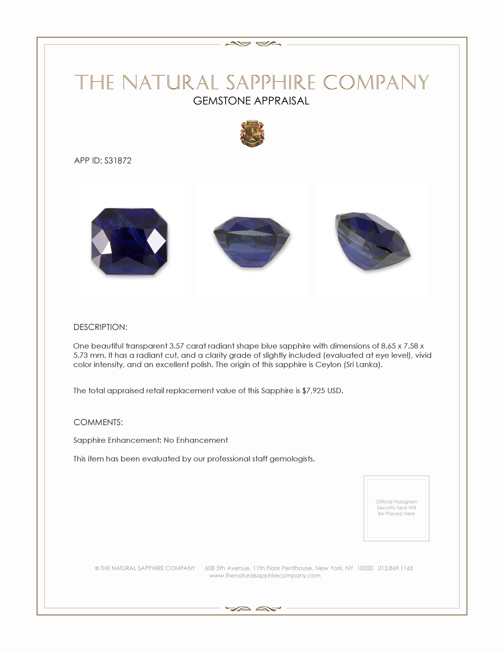 3.57 Ct. Blue Sapphire from Ceylon (Sri Lanka)