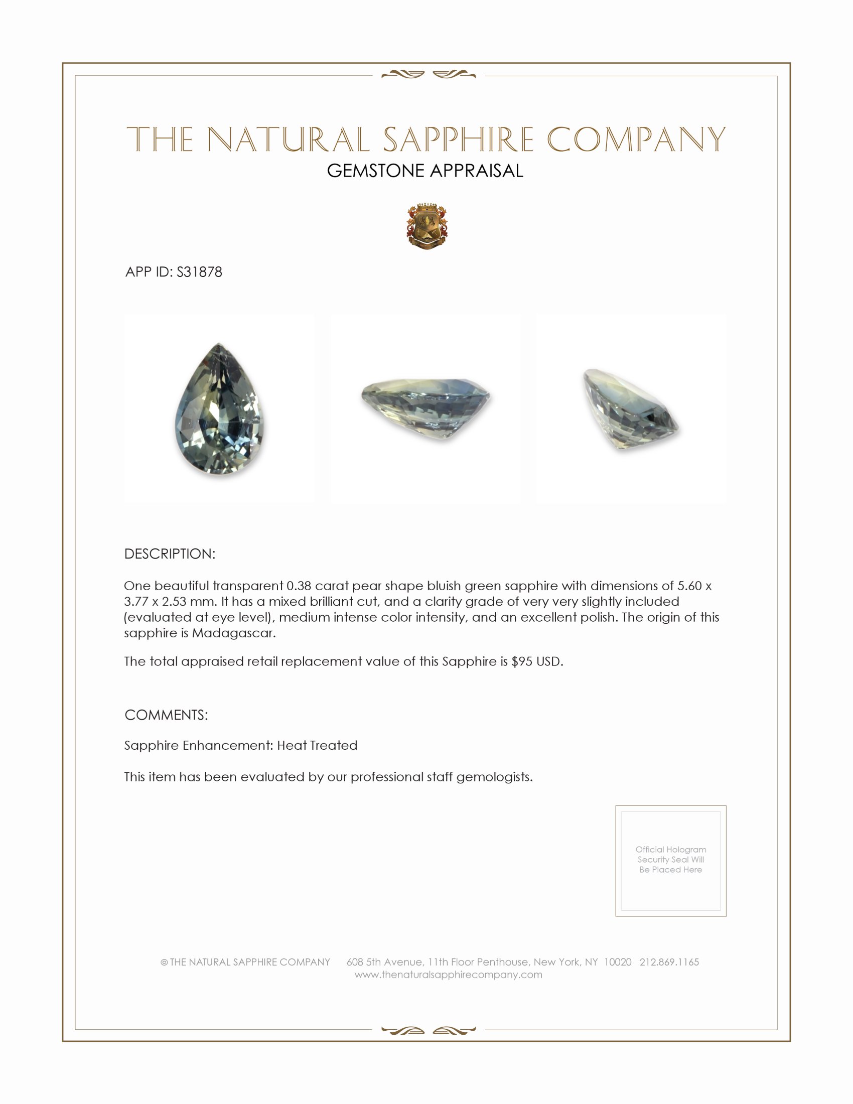 0.38 Ct. Bluish Green Sapphire from Madagascar