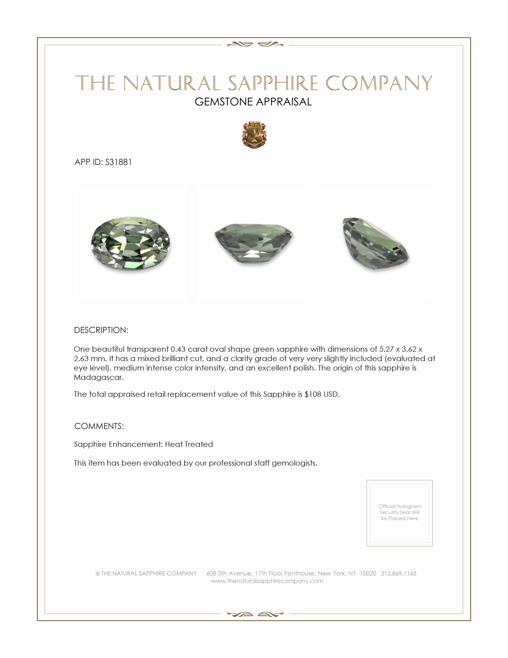0.43 Ct. Green Sapphire from Madagascar