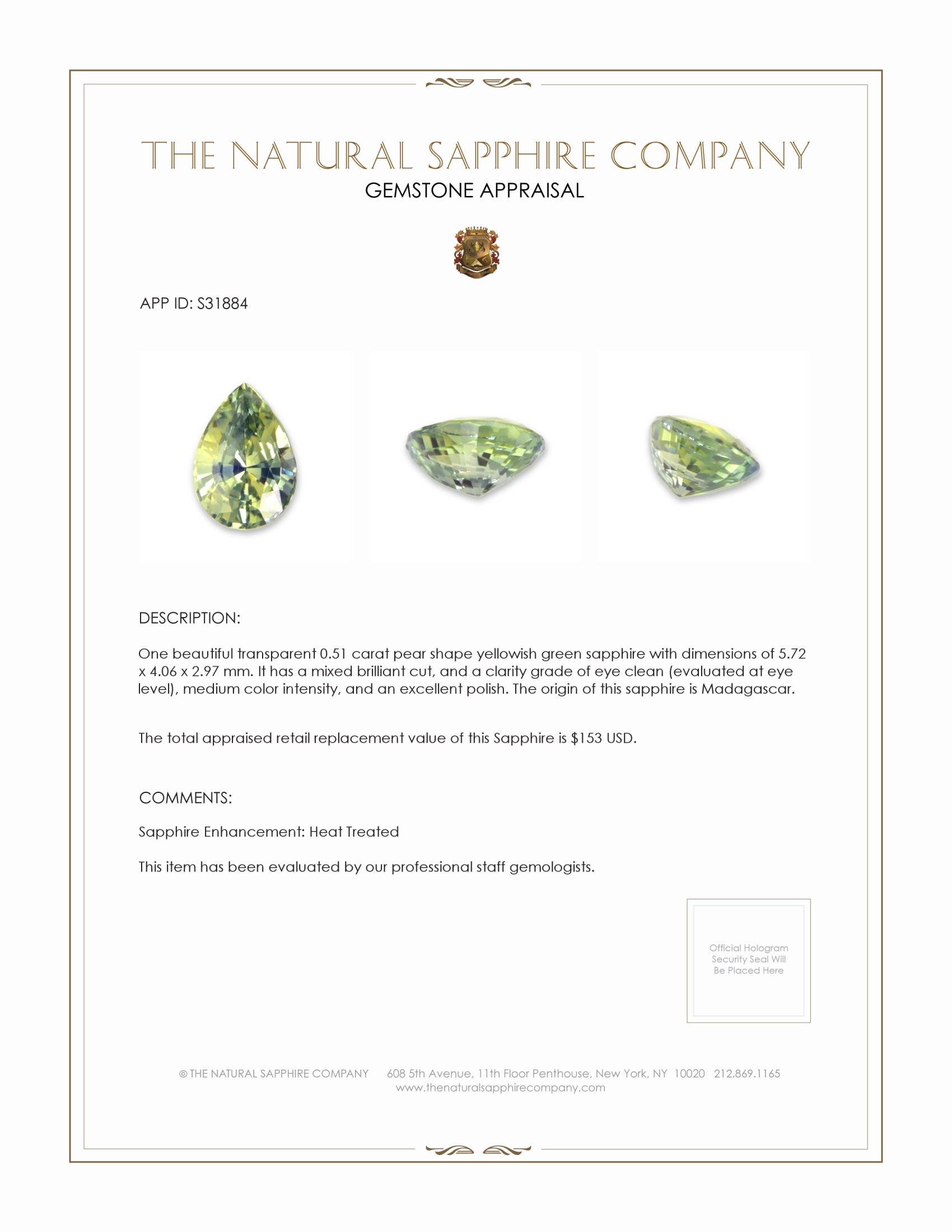 0.51 Ct. Yellowish Green Sapphire from Madagascar