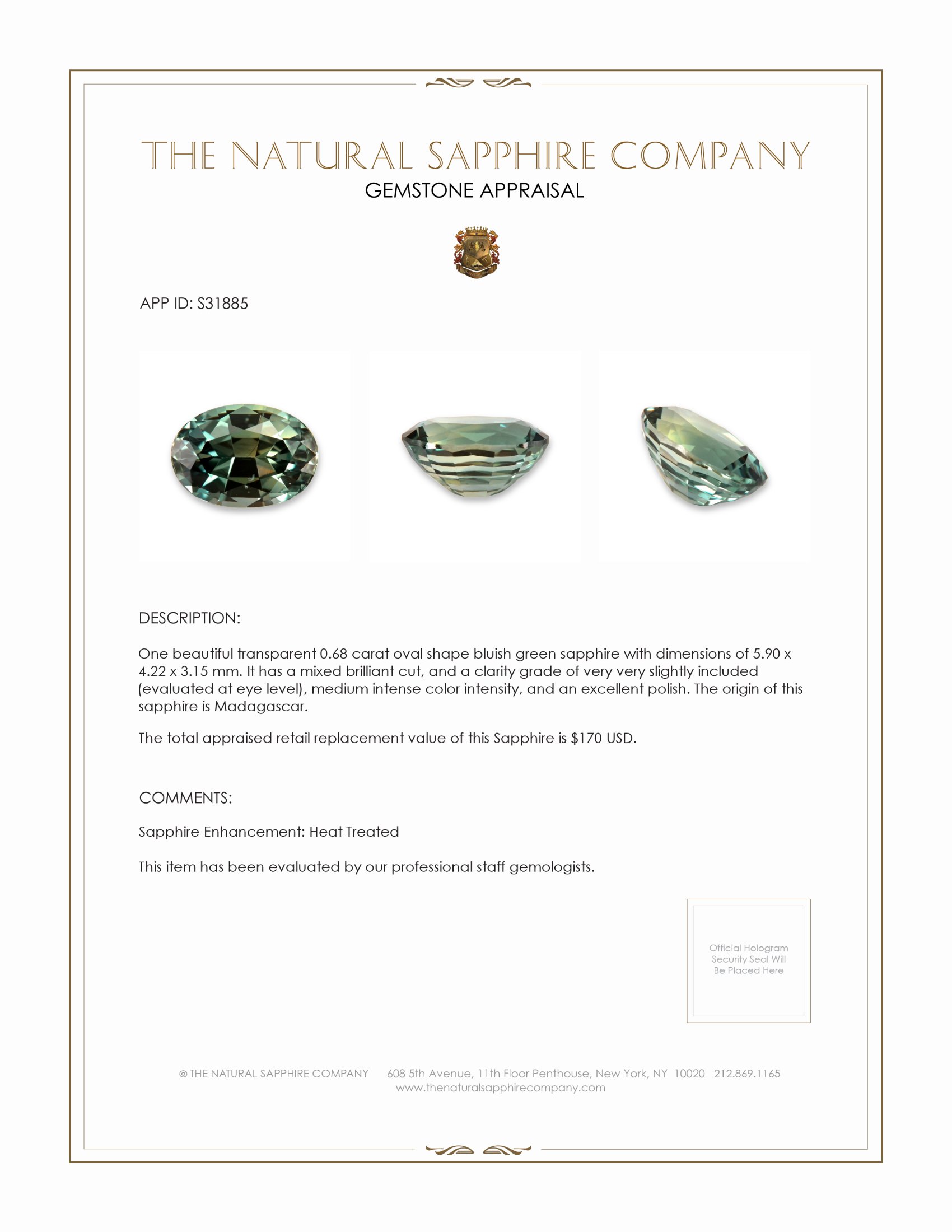 0.68 Ct. Bluish Green Sapphire from Madagascar