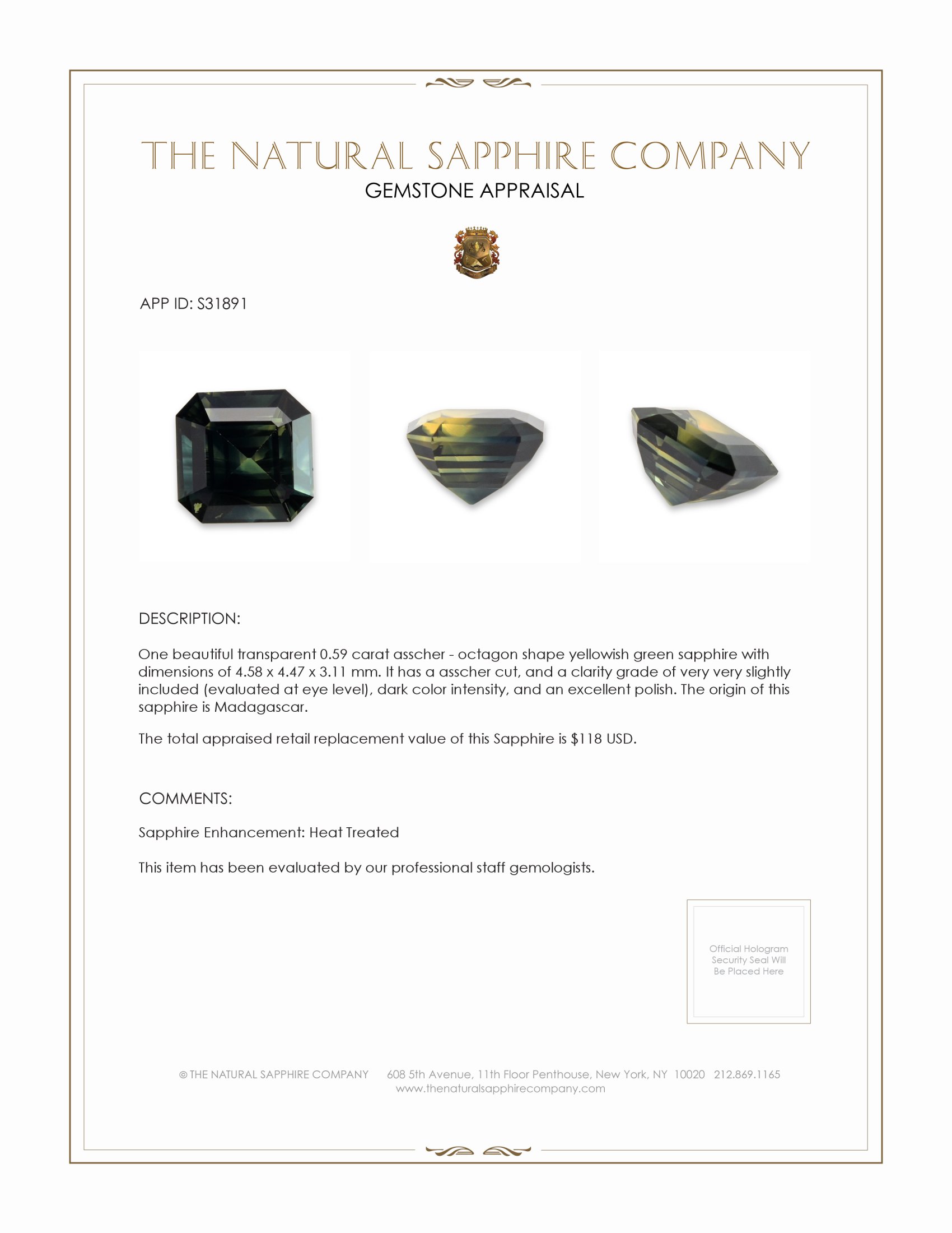 0.59 Ct. Yellowish Green Sapphire from Madagascar