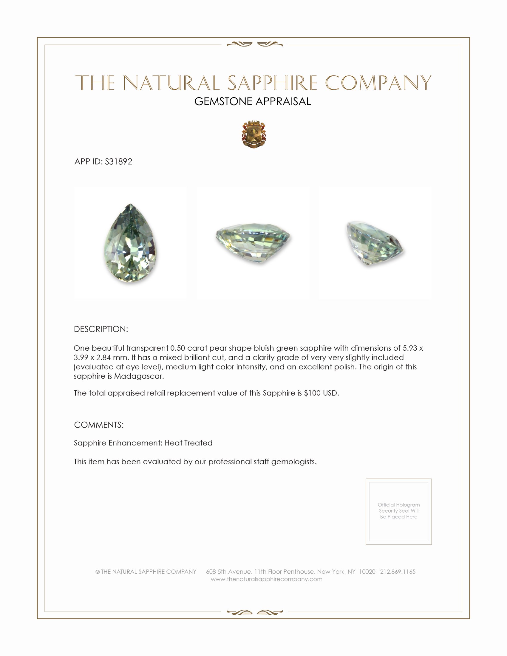 0.50 Ct. Bluish Green Sapphire from Madagascar