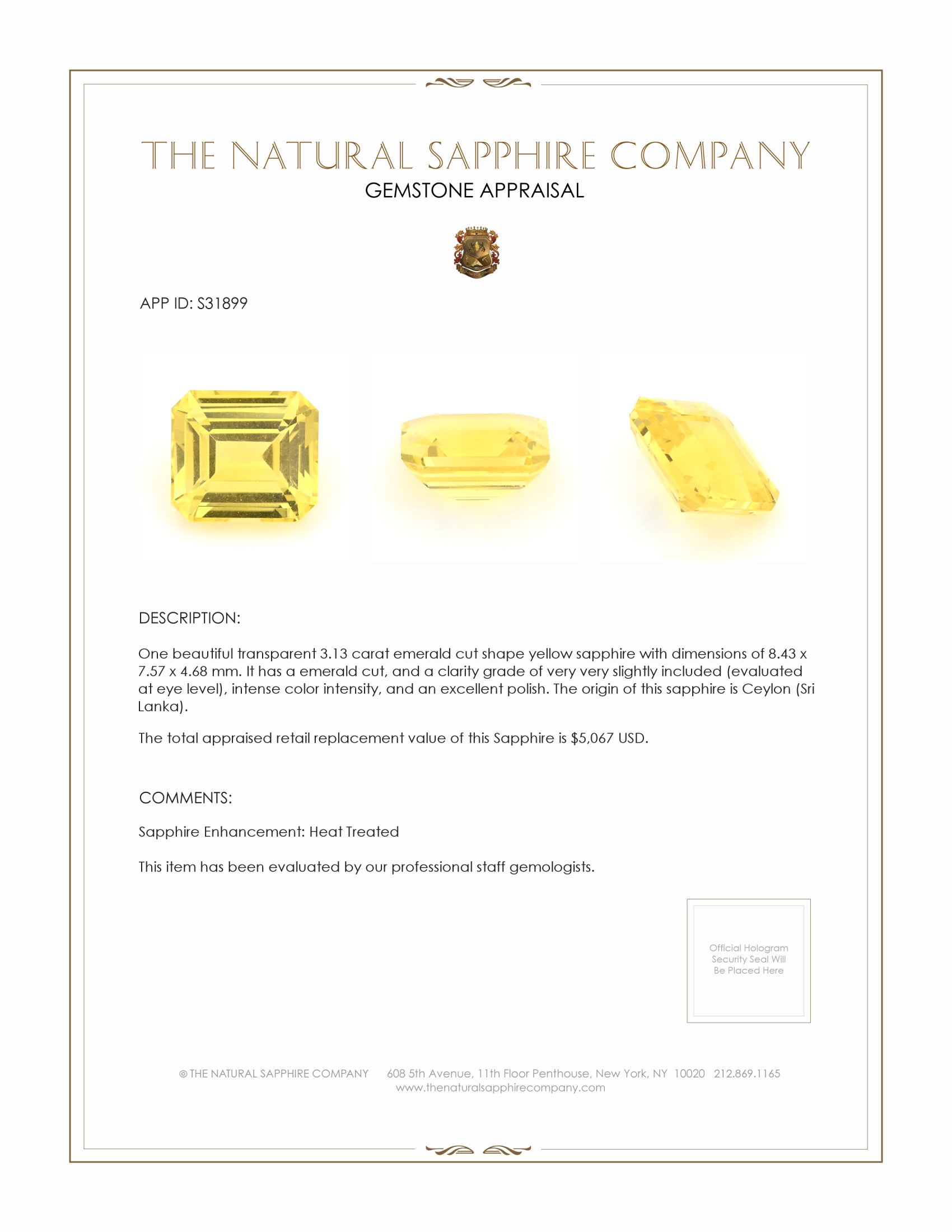 3.13 Ct. Yellow Sapphire from Ceylon (Sri Lanka)