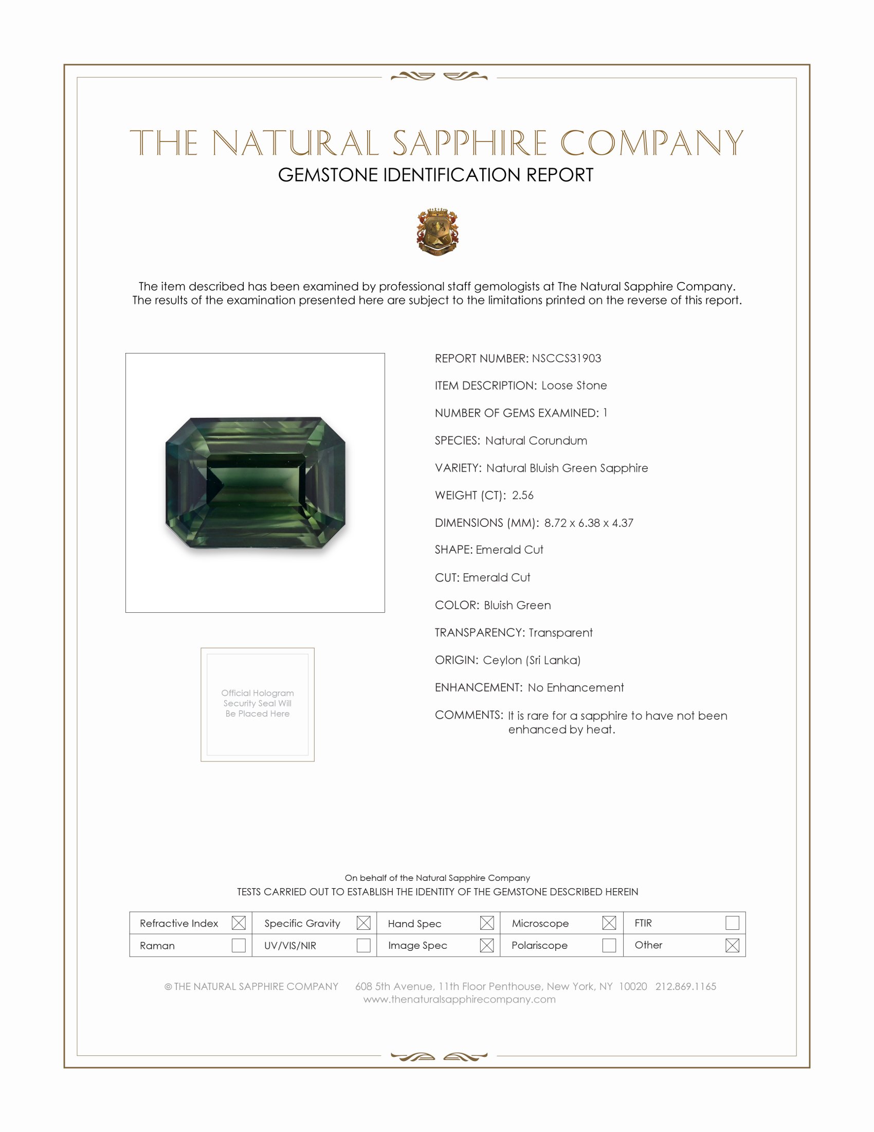 2.56 Ct. Bluish Green Sapphire from Ceylon (Sri Lanka)