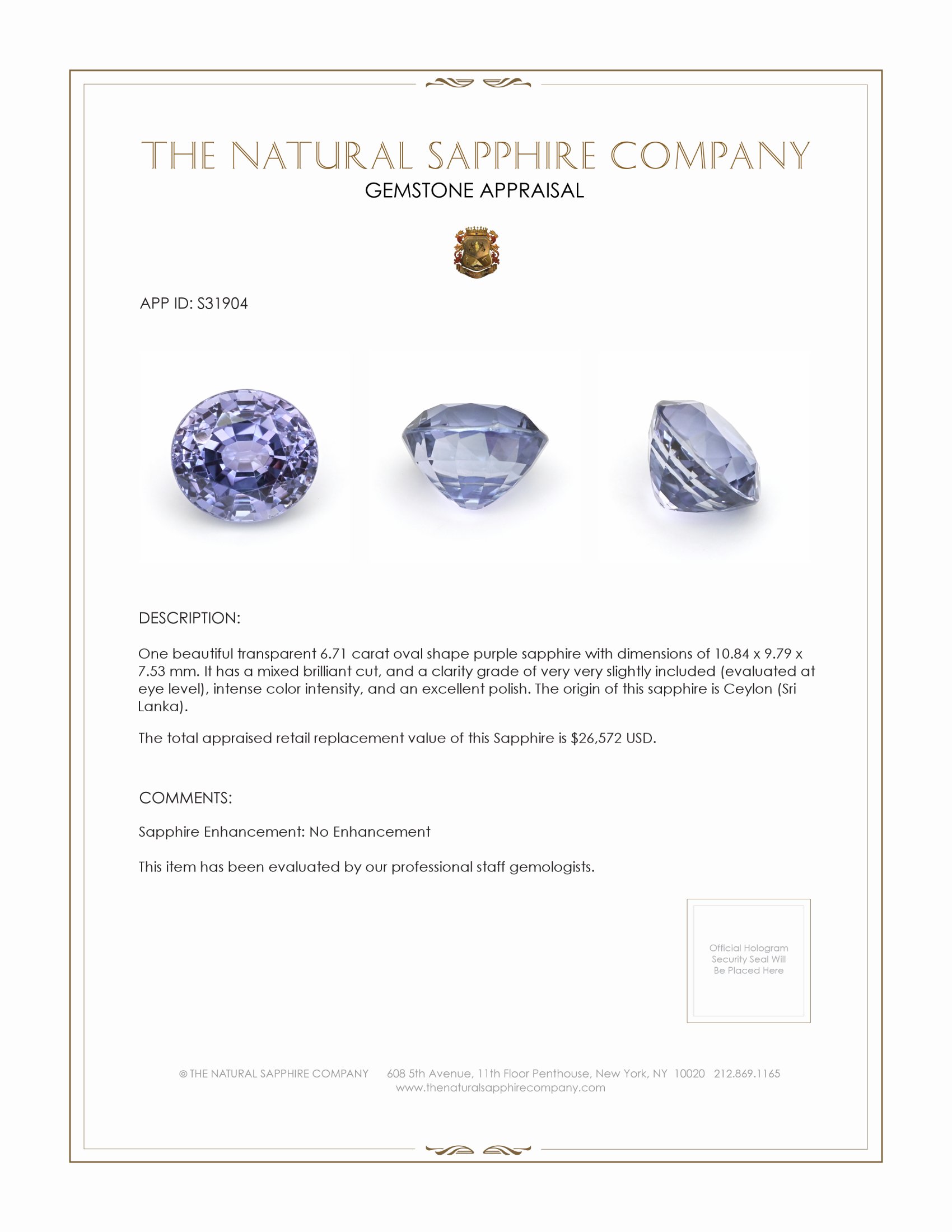 6.71 Ct. Purple Sapphire from Ceylon (Sri Lanka)