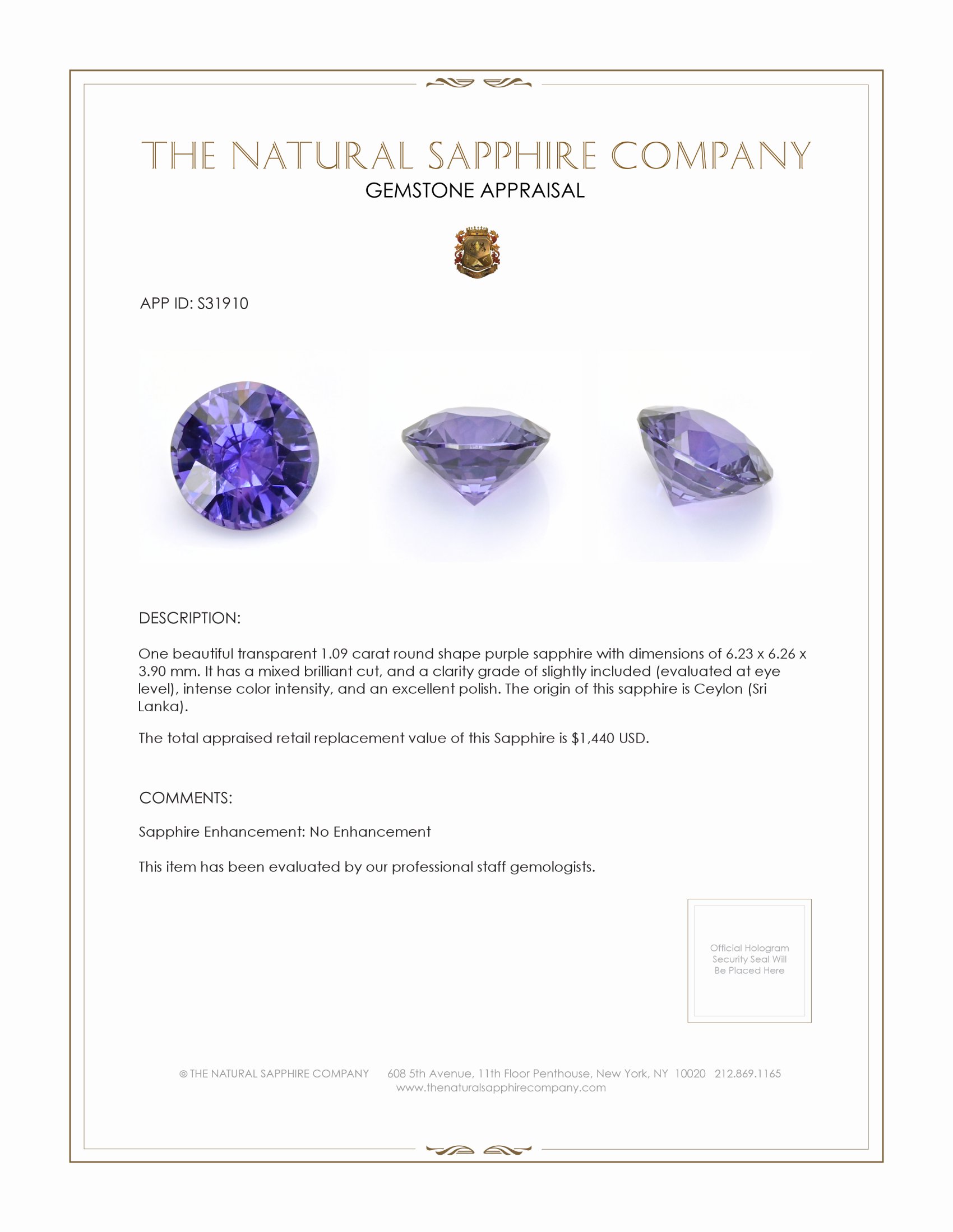 1.09 Ct. Purple Sapphire from Ceylon (Sri Lanka)