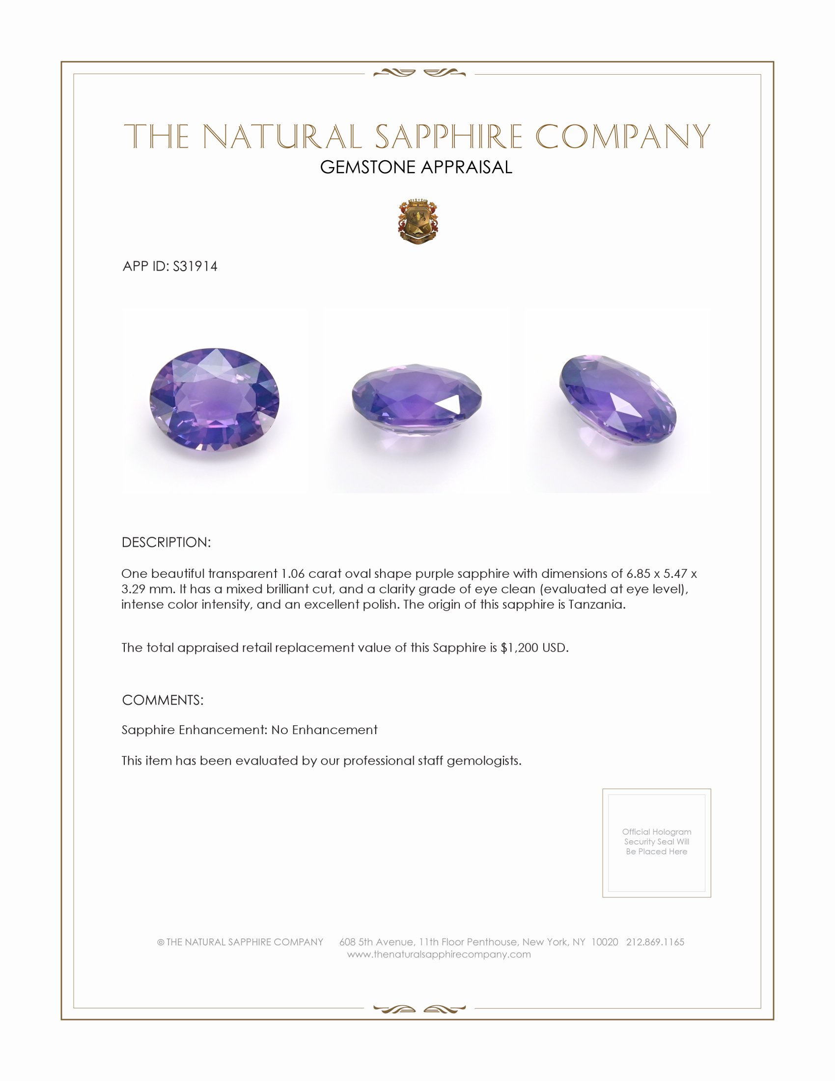 1.06 Ct. Purple Sapphire from Tanzania
